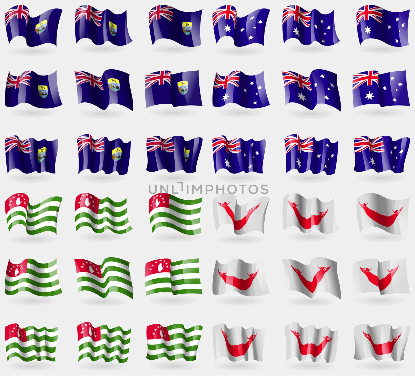 Saint Helena, Australia, Abkhazia, Easter Rapa Nui. Set of 36 flags of the countries of the world.  by serhii_lohvyniuk
