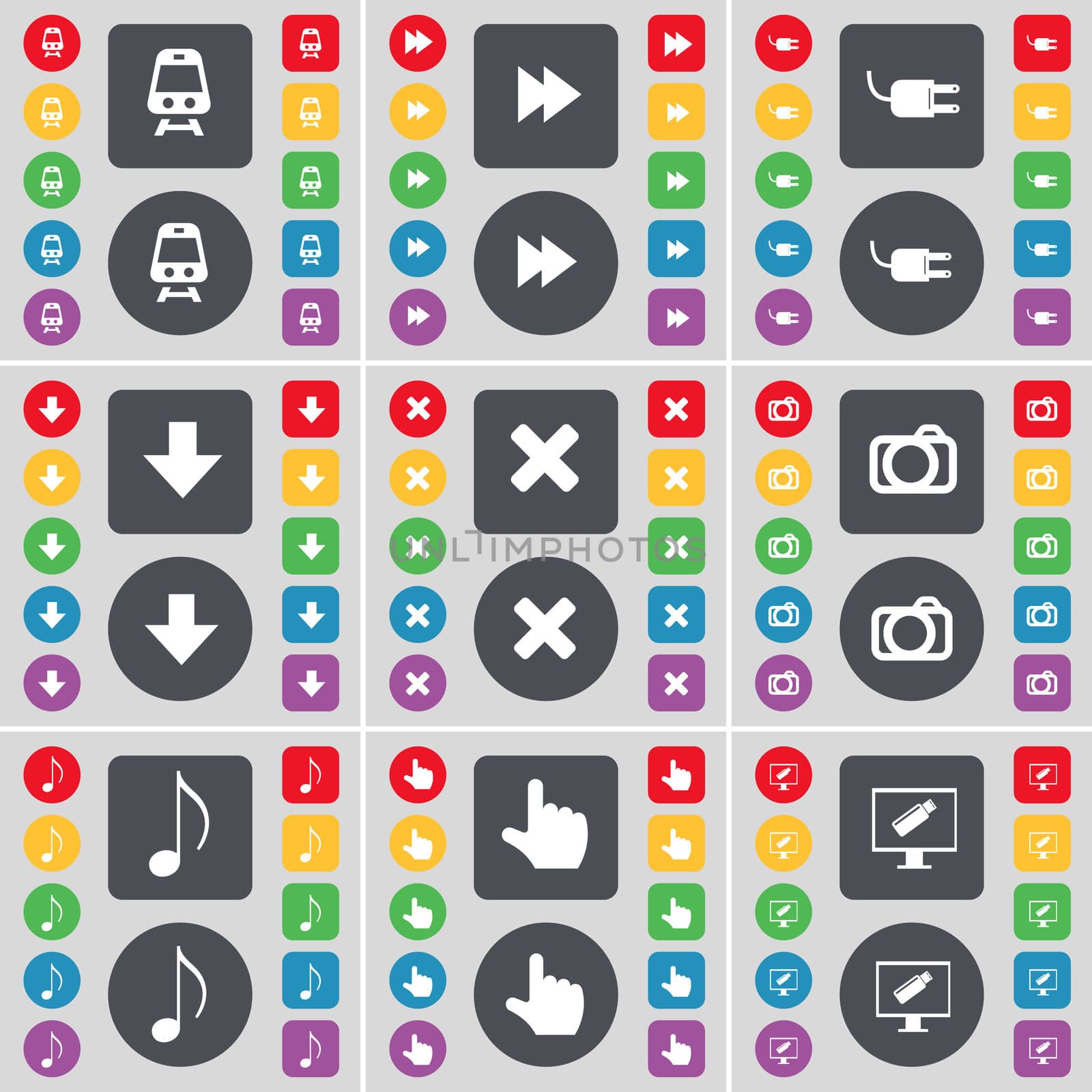 Train, Rewind, Socket, Arrow down, Stop, Camera, Note, Hand, Monitor icon symbol. A large set of flat, colored buttons for your design. illustration
