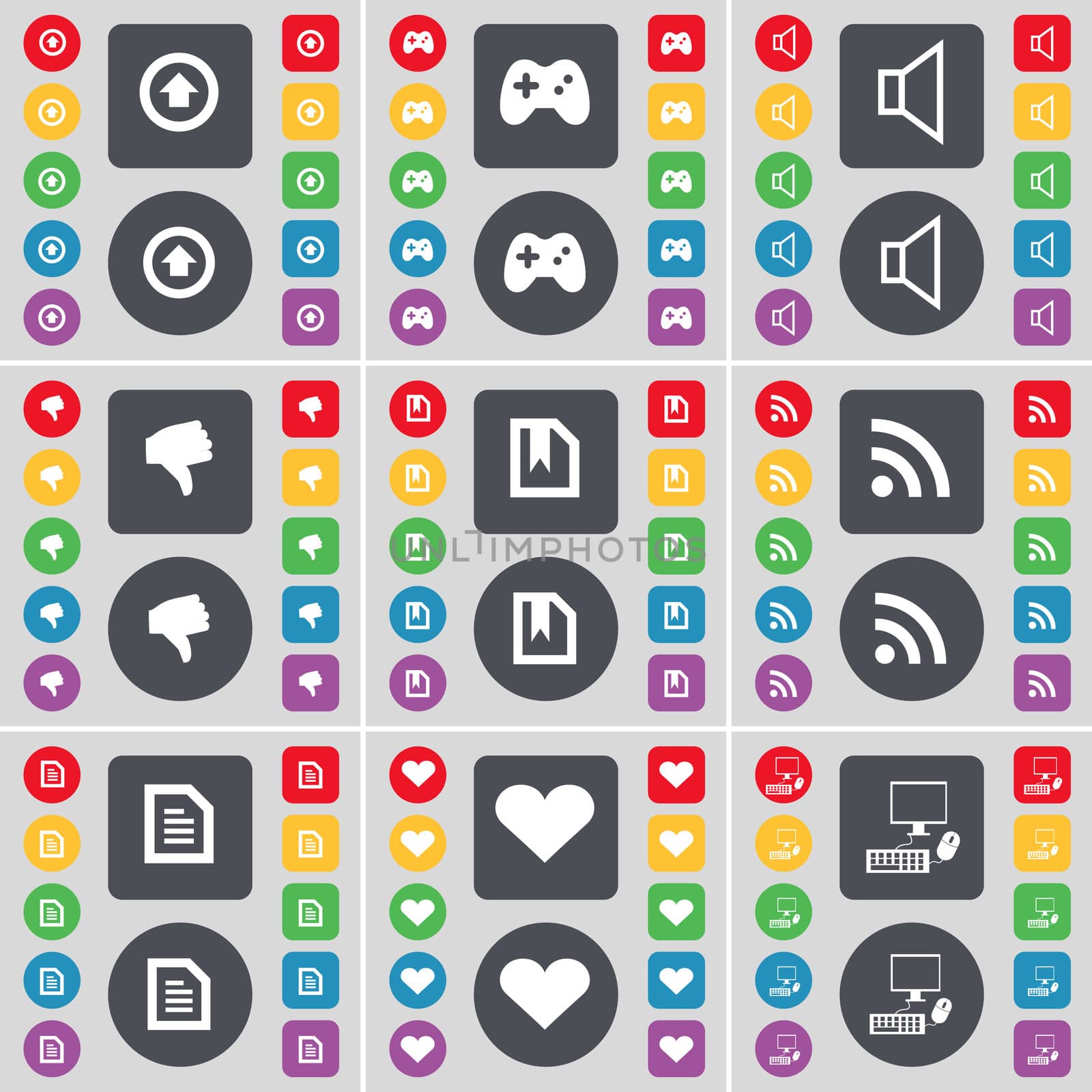 Arrow up, Gamepad, Sound, Dislike, File, RSS, Text file, Heart, PC icon symbol. A large set of flat, colored buttons for your design. illustration