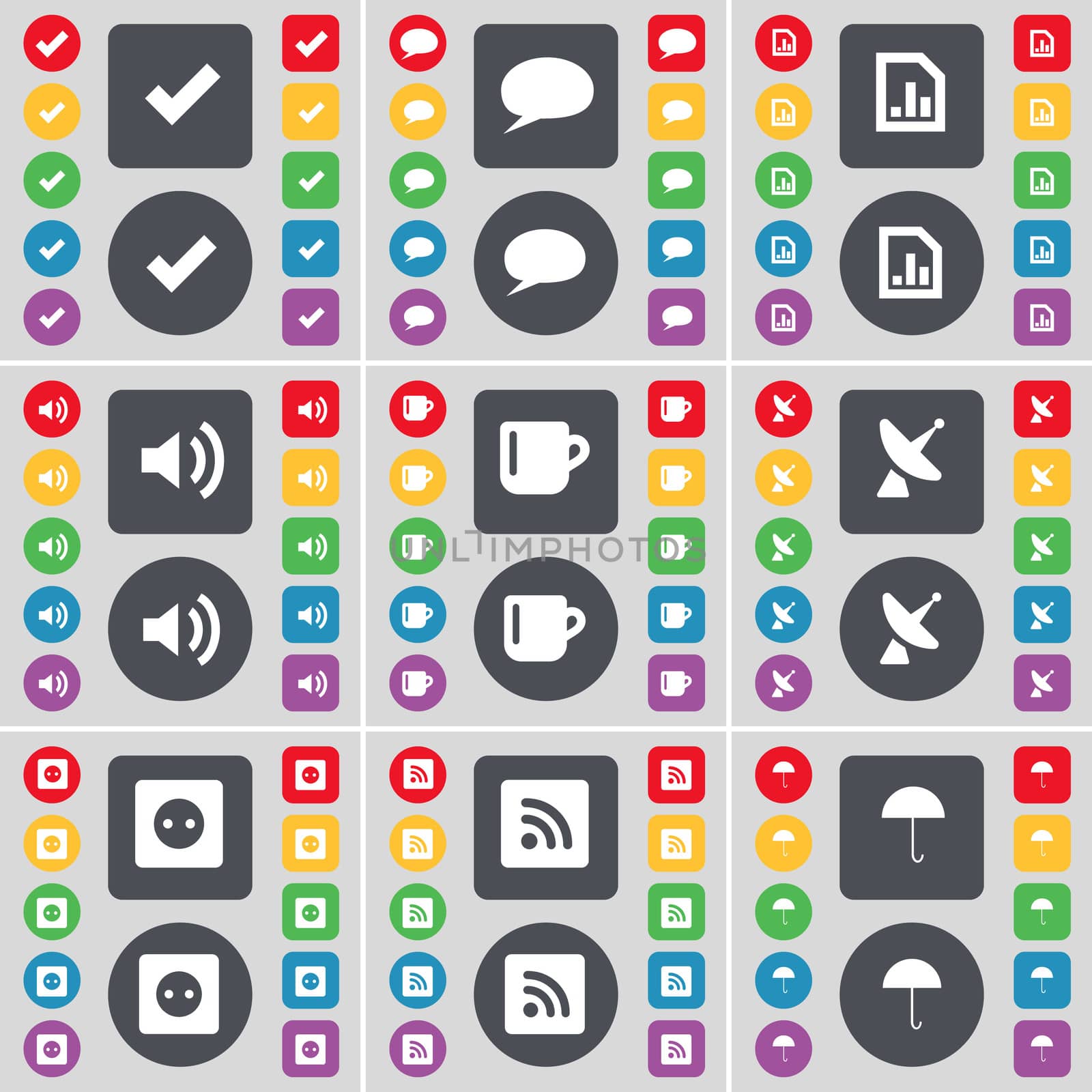 Tick, Chat bubble, Diagram file, Sound, Cup, Satellite dish, Socket, RSS, Umbrella icon symbol. A large set of flat, colored buttons for your design. illustration