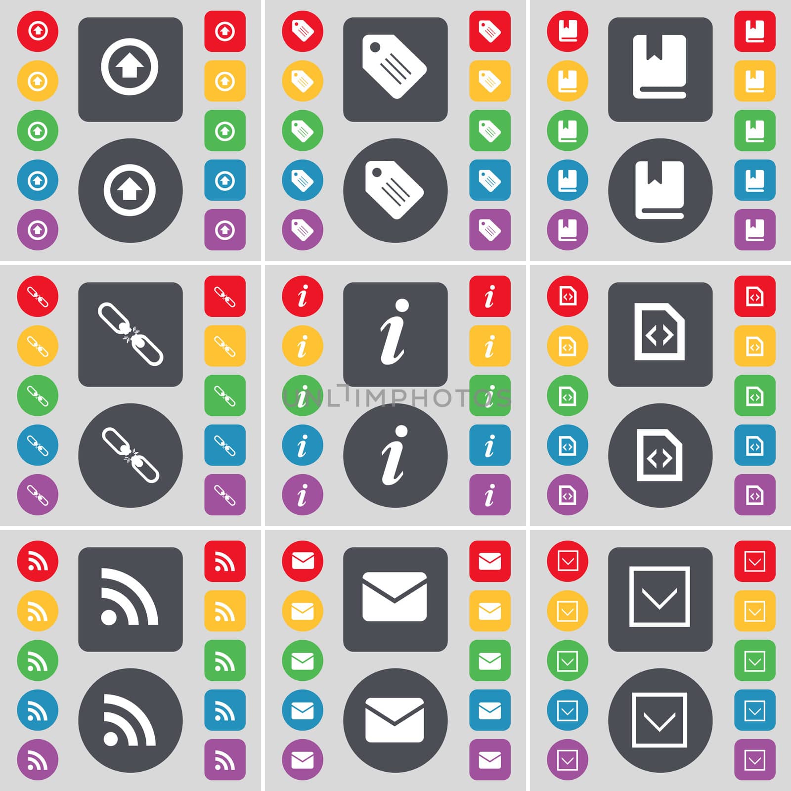 Arrow right, Tag, Dictionary, Link, Information, File, RSS, Message, Arrow down icon symbol. A large set of flat, colored buttons for your design. illustration