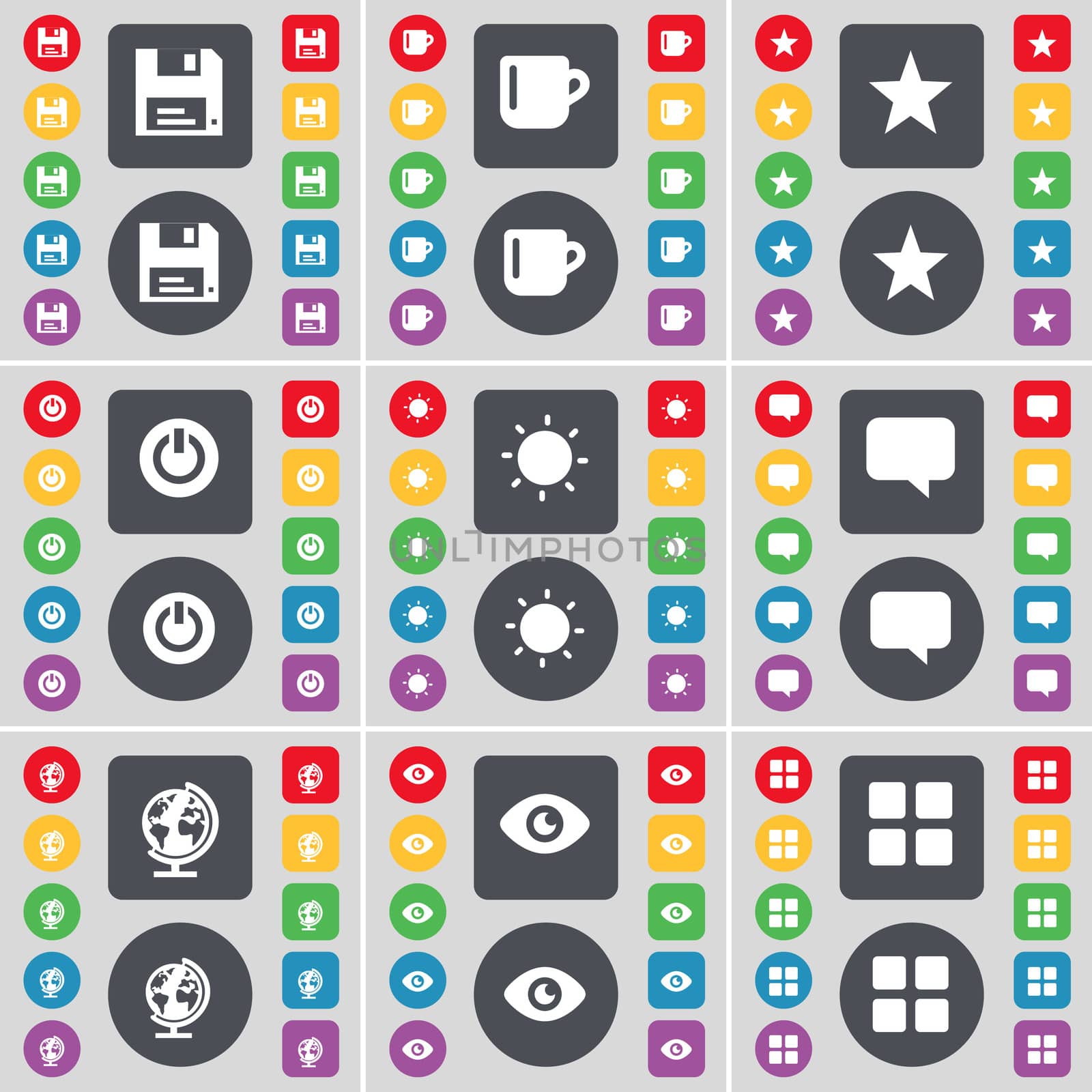 Floppy, Cup, Star, Power, Light, Chat bubble, Globe, Vision, Apps icon symbol. A large set of flat, colored buttons for your design. illustration
