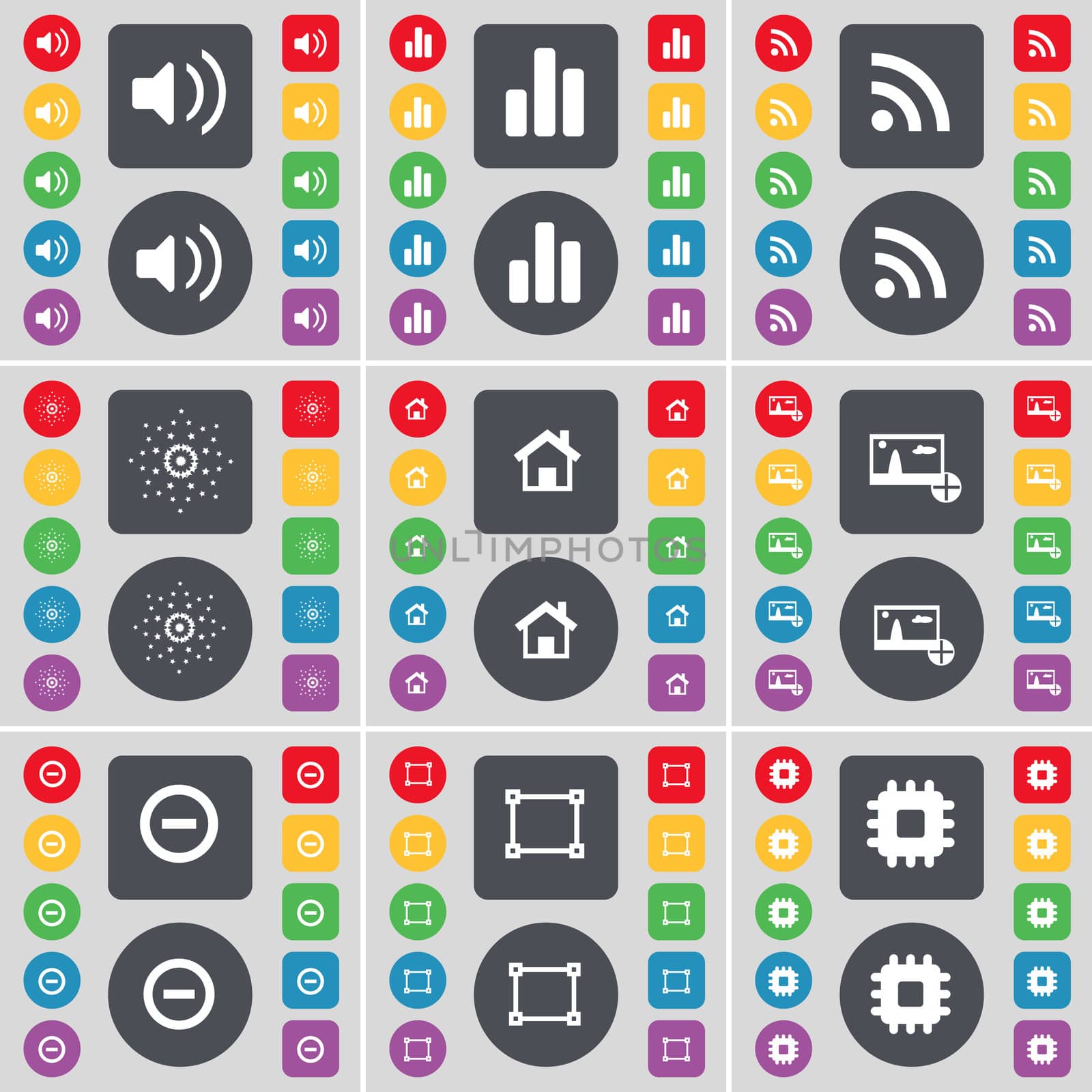 Sound, Diagram, RSS, Star, House, Picture, Minus, Frame, Processor icon symbol. A large set of flat, colored buttons for your design. illustration