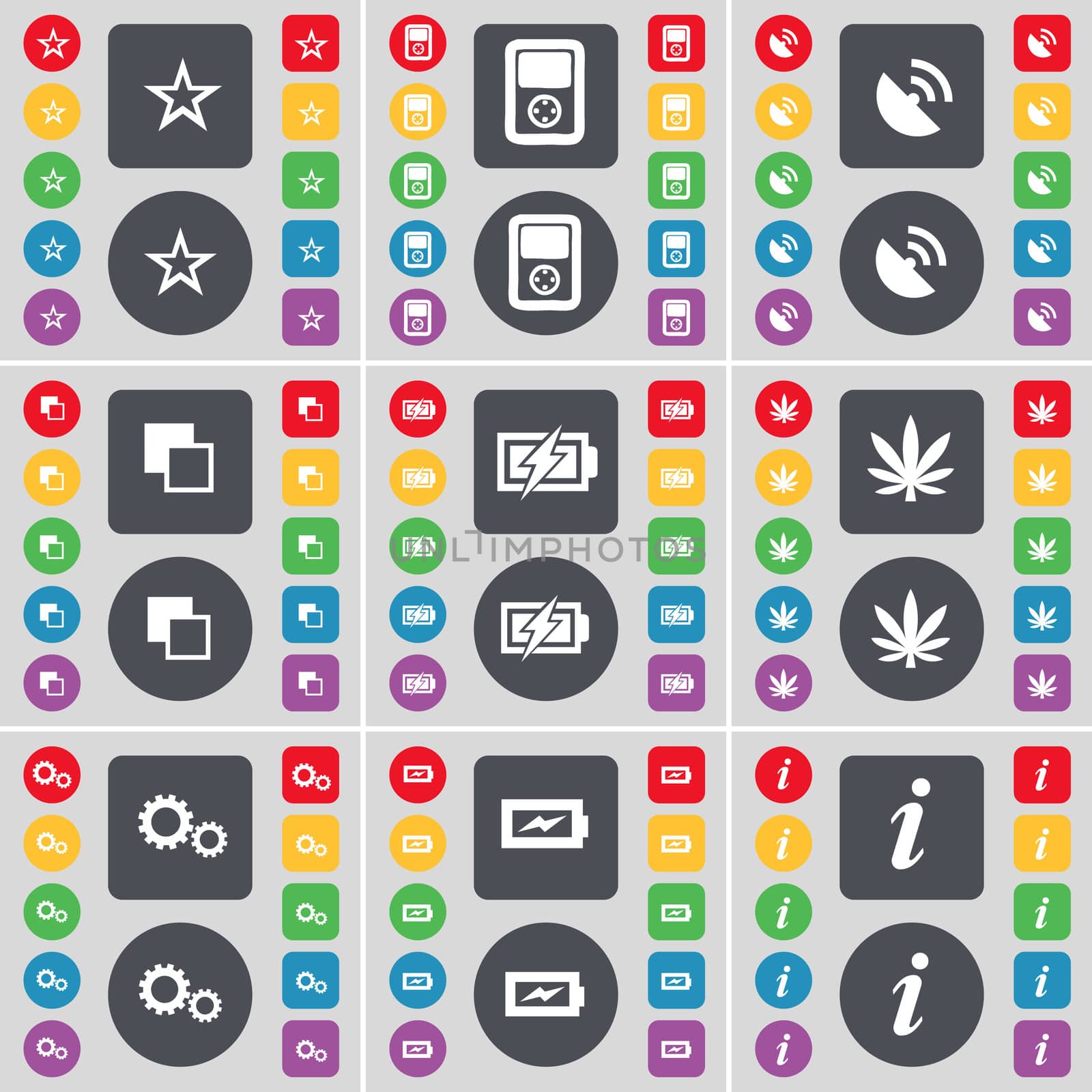 Star, Player, Satellite dish, Copy, Charging, Marijuana, Gear, Information icon symbol. A large set of flat, colored buttons for your design. illustration