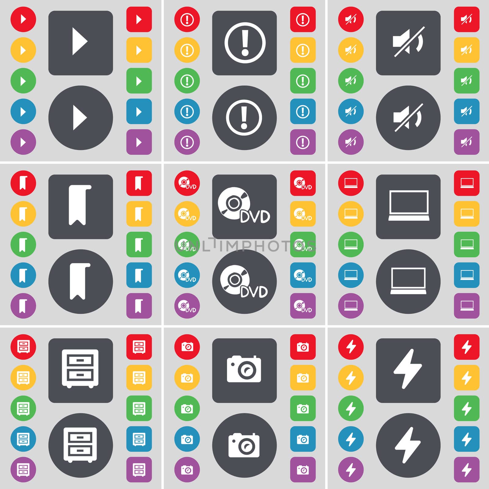 Media play, Warning, Mute, Marker, DVD, Laptop, Bed-table, Camera, Flash icon symbol. A large set of flat, colored buttons for your design.  by serhii_lohvyniuk