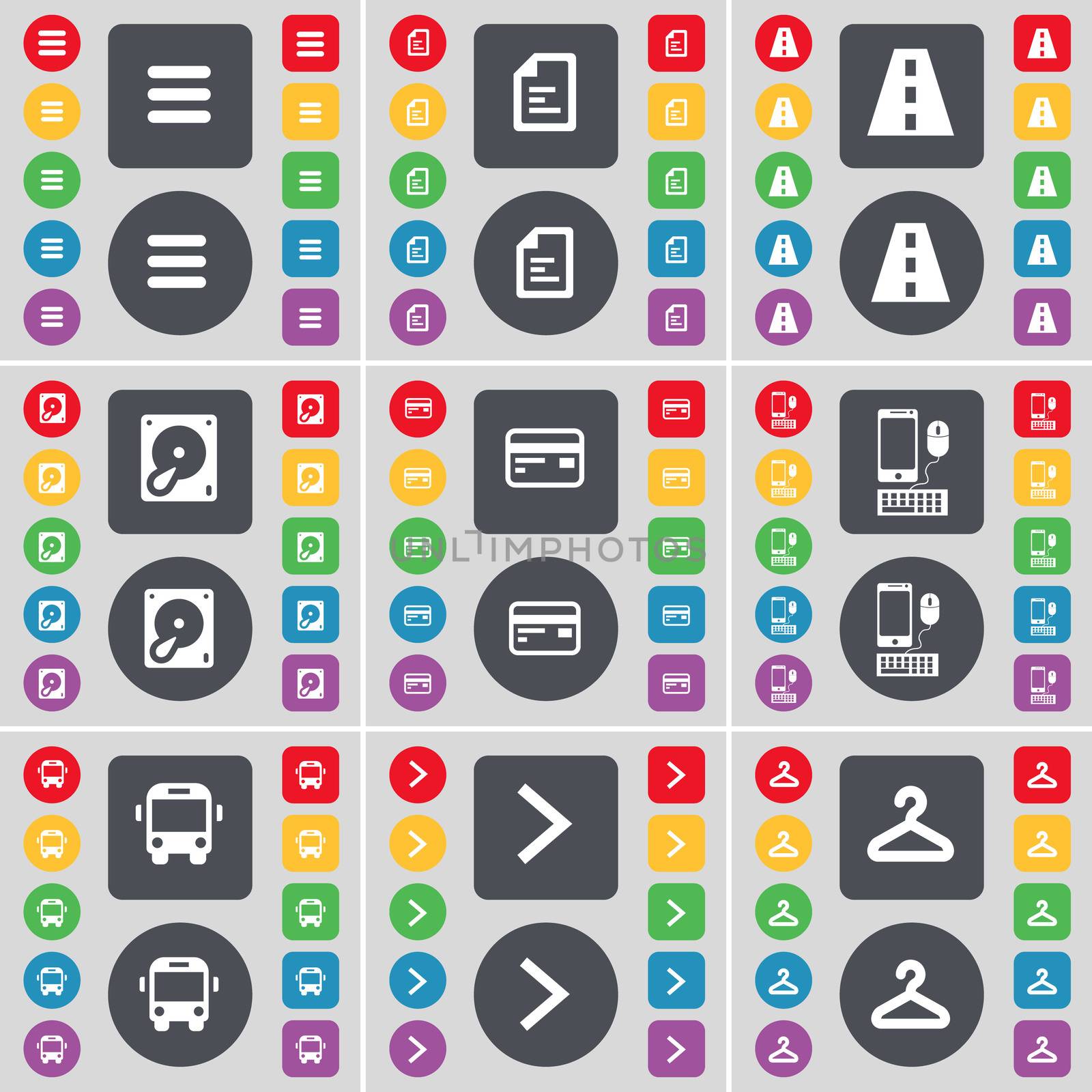 Apps, Text file, Road, Hard drive, Credit card, Smartphone, Bus, Arrow right, Hanger icon symbol. A large set of flat, colored buttons for your design. illustration