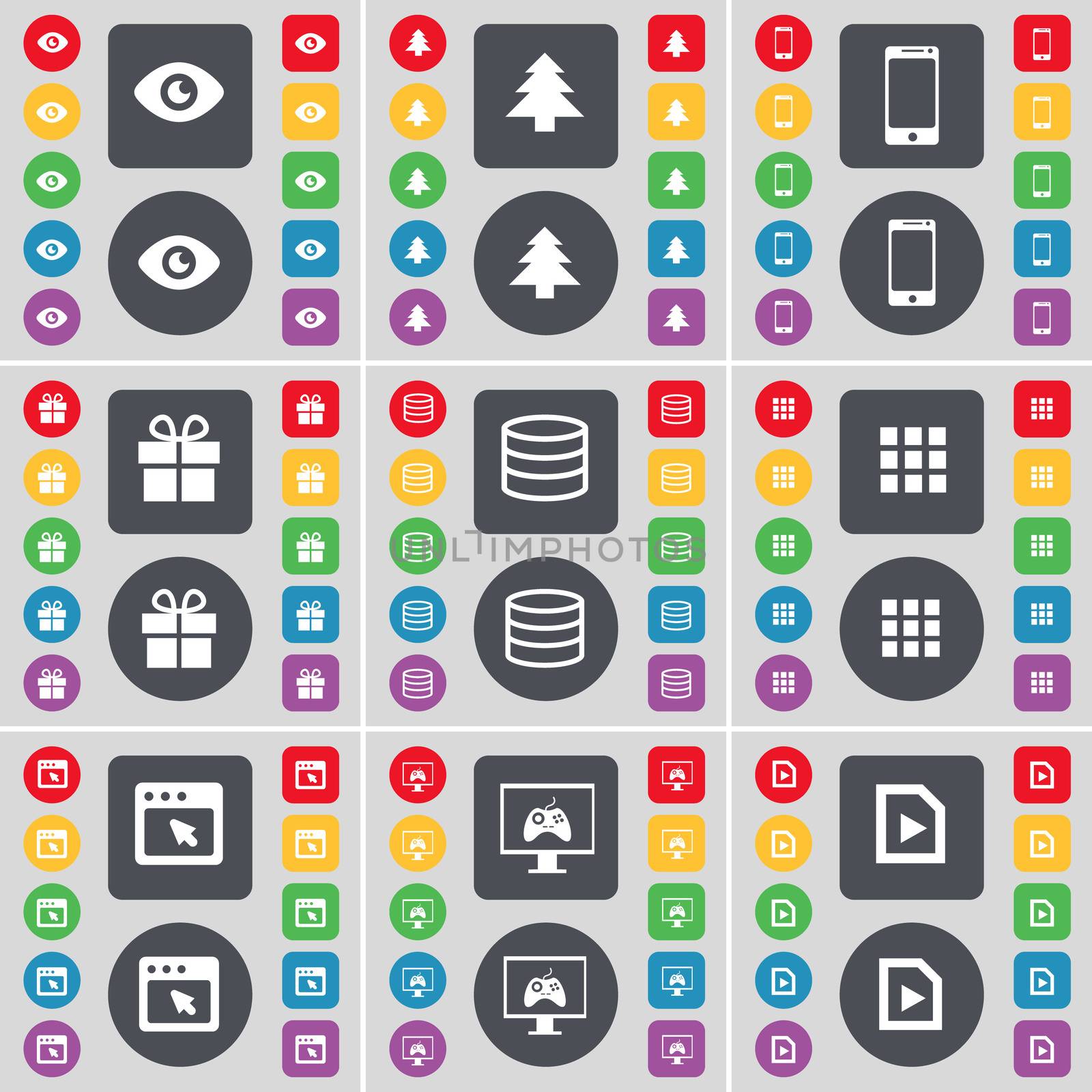 Vision, Firtree, Smartphone, Gift, Database, Apps, Window, Monitor, Media file icon symbol. A large set of flat, colored buttons for your design. illustration