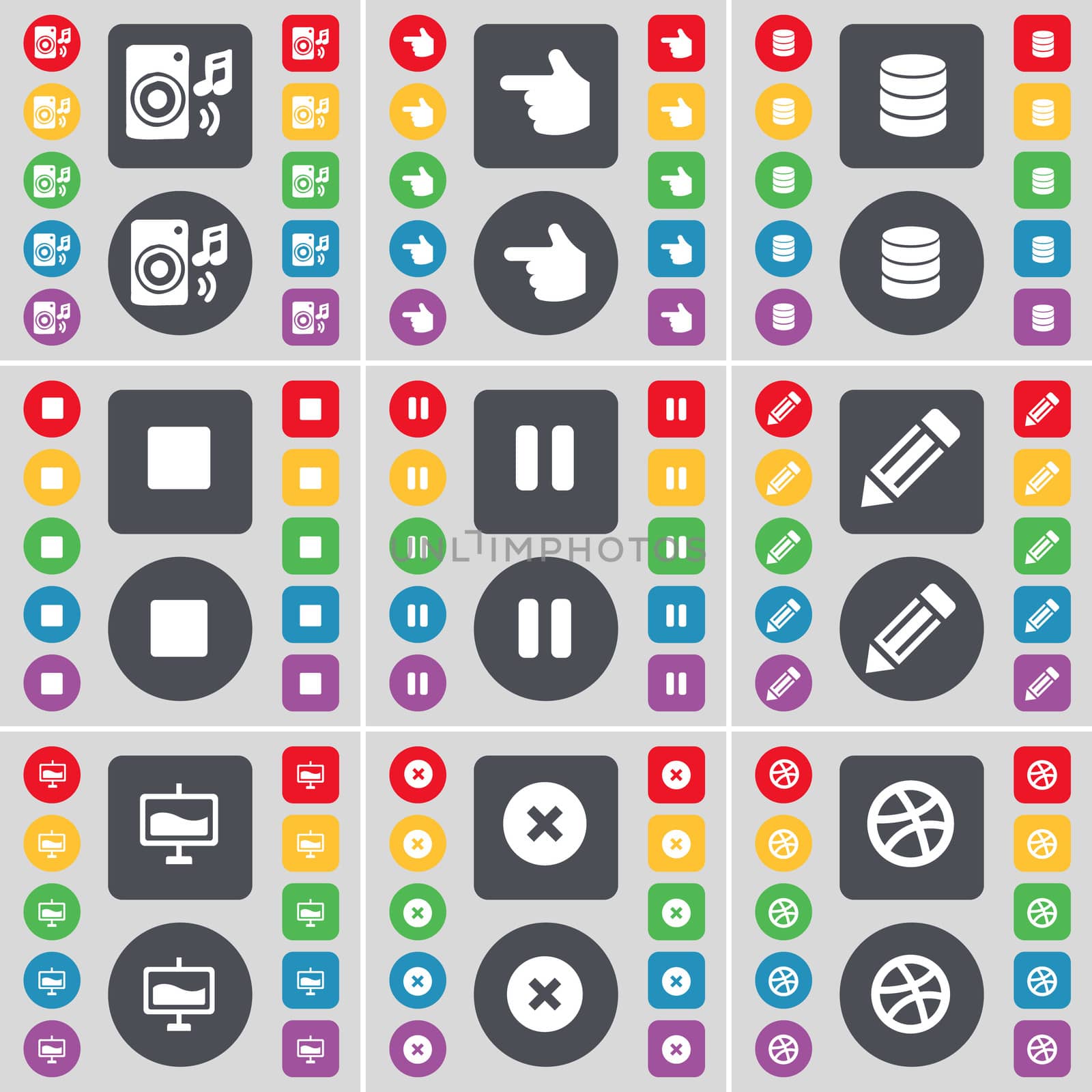 Speaker, Hand, Database, Media stop, Pause, Pencil, Graph, Stop, Ball icon symbol. A large set of flat, colored buttons for your design. illustration