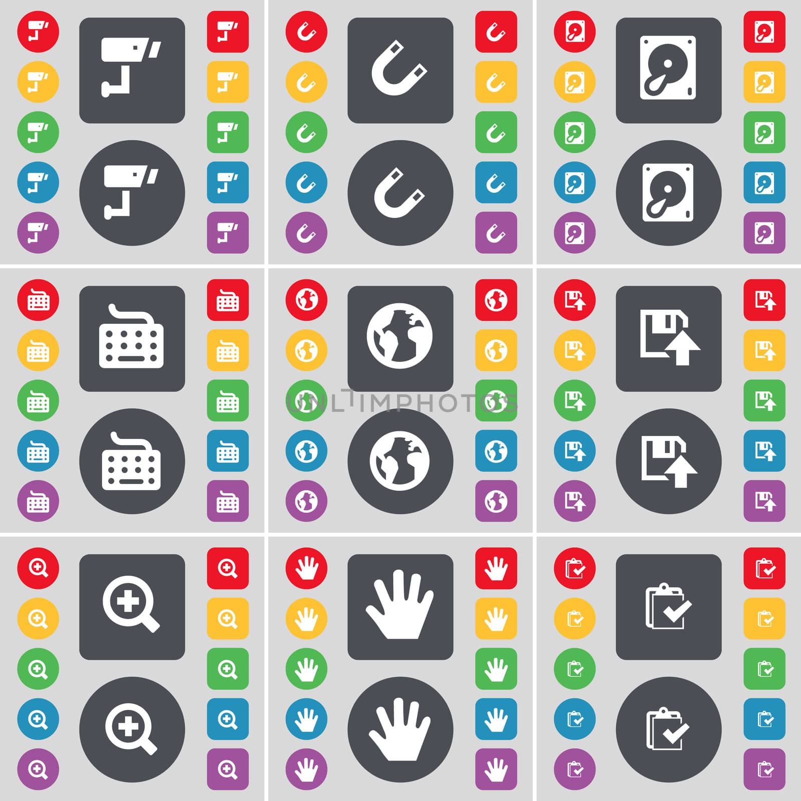 CCTV, Magnet, Hard drive, Keyboard, Earth, Floppy, Magnifying glass, hand, Survey icon symbol. A large set of flat, colored buttons for your design. illustration