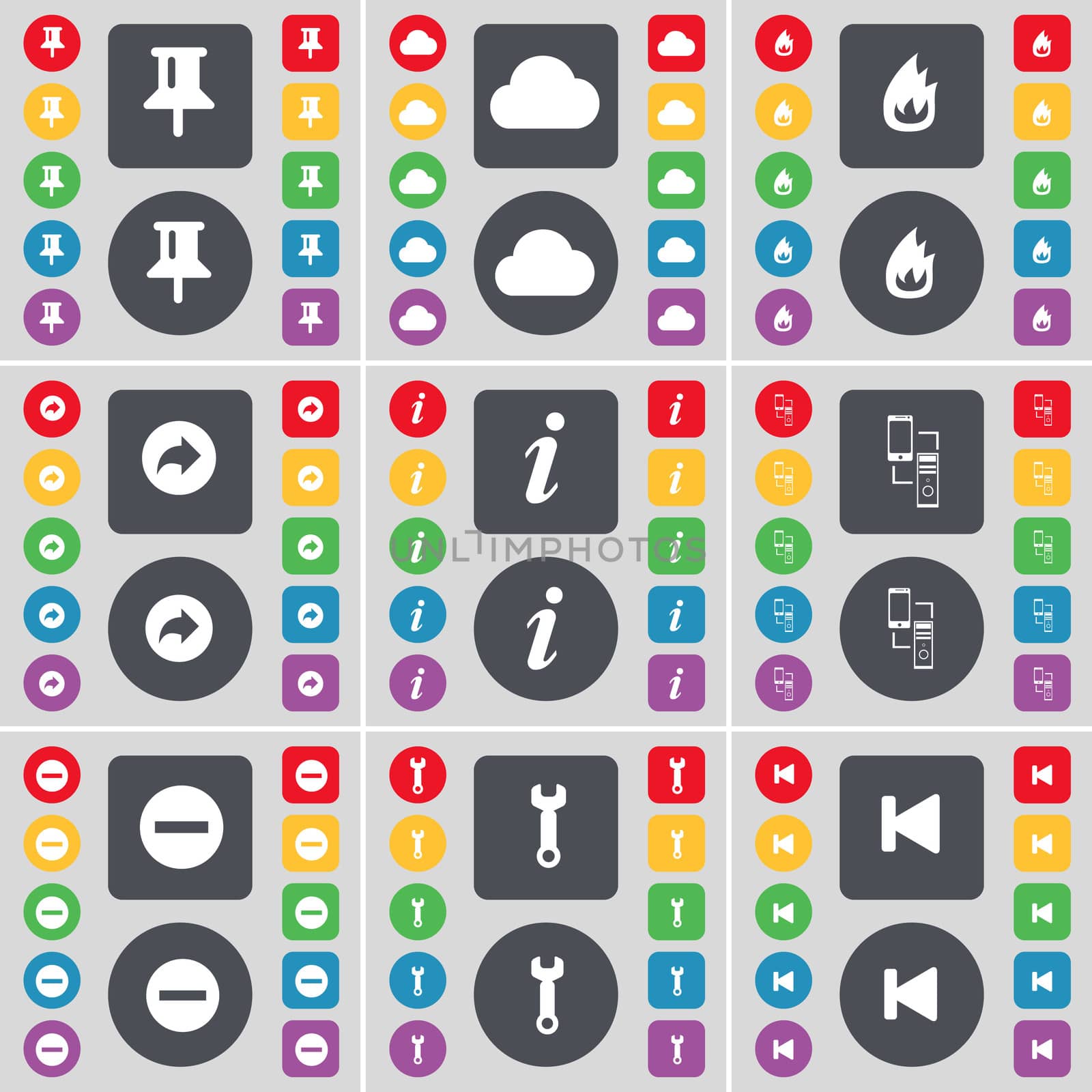 Pin, Cloud, Fire, Back, Information, Connection, Minus, Wrench, Media skip icon symbol. A large set of flat, colored buttons for your design.  by serhii_lohvyniuk