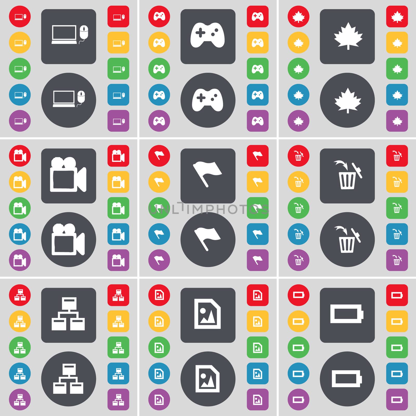 Laptop, Gamepad, Maple leaf, Film camera, Flag, Trash can, Network, Media file, Battery icon symbol. A large set of flat, colored buttons for your design.  by serhii_lohvyniuk