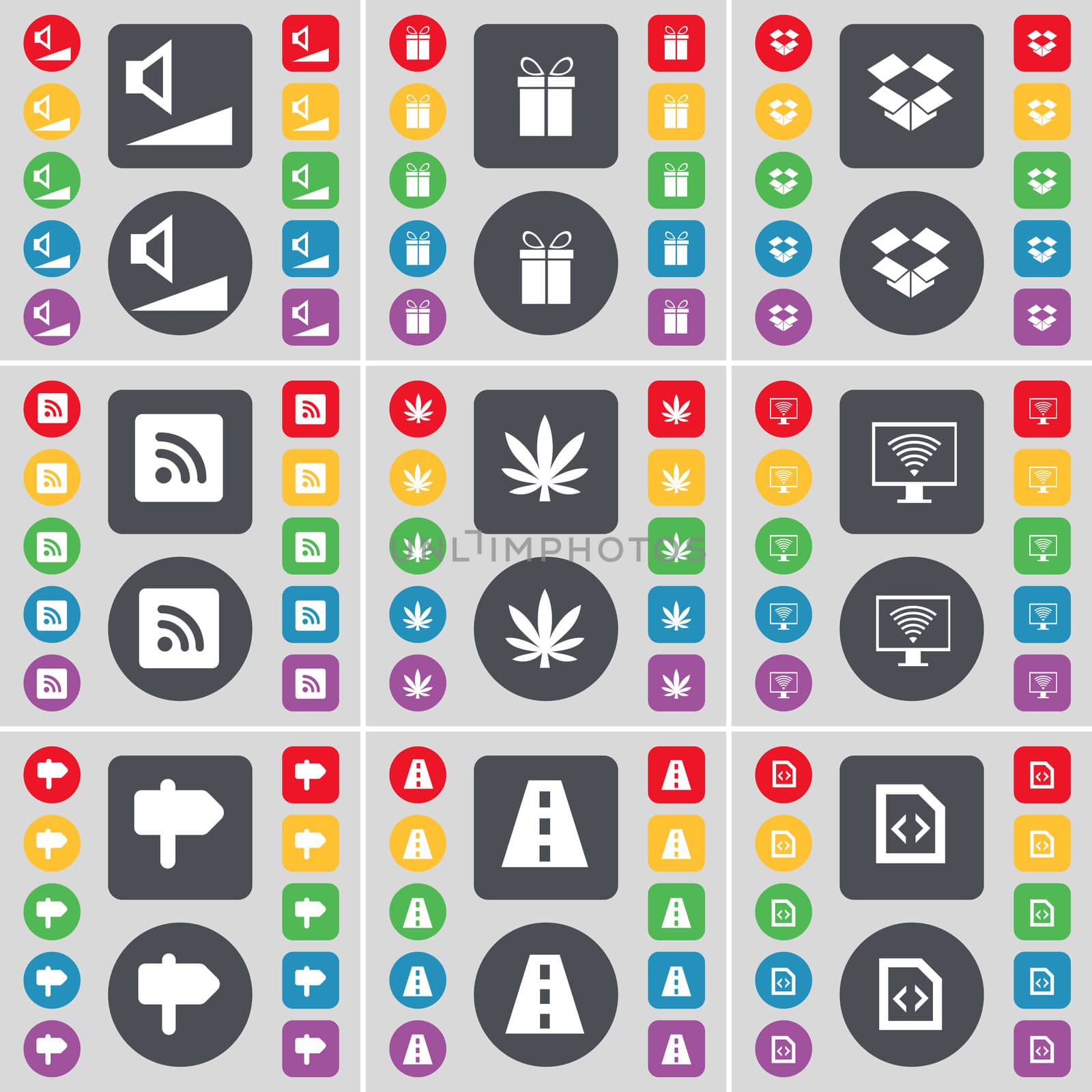 Volume, Gift, Dropbox, RSS, Marijuana, Monitor, Signpost, Road, File icon symbol. A large set of flat, colored buttons for your design.  by serhii_lohvyniuk