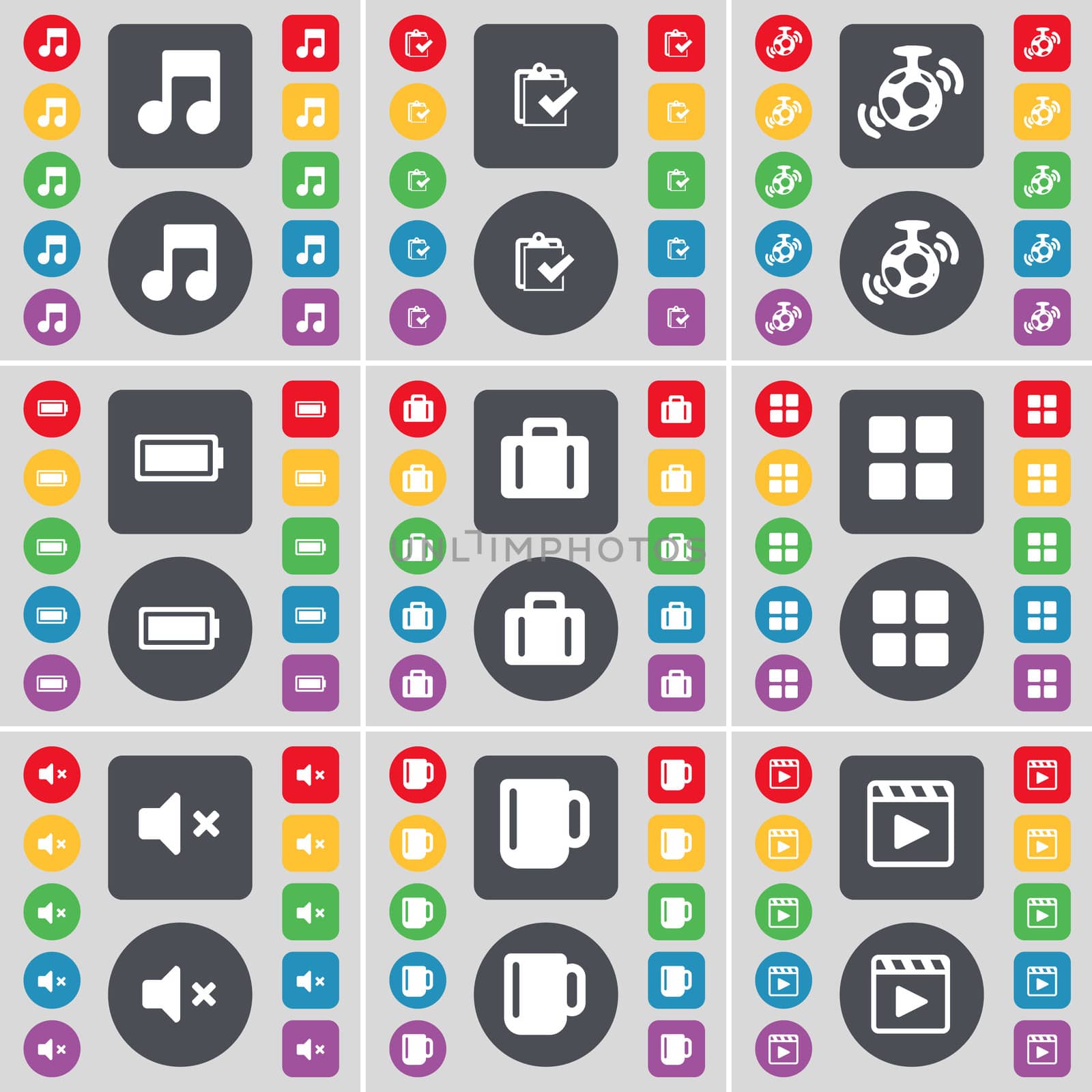 Note, Survey, Speaker, Battery, Suitcase, Apps, Mute, Cup, Media player icon symbol. A large set of flat, colored buttons for your design. illustration