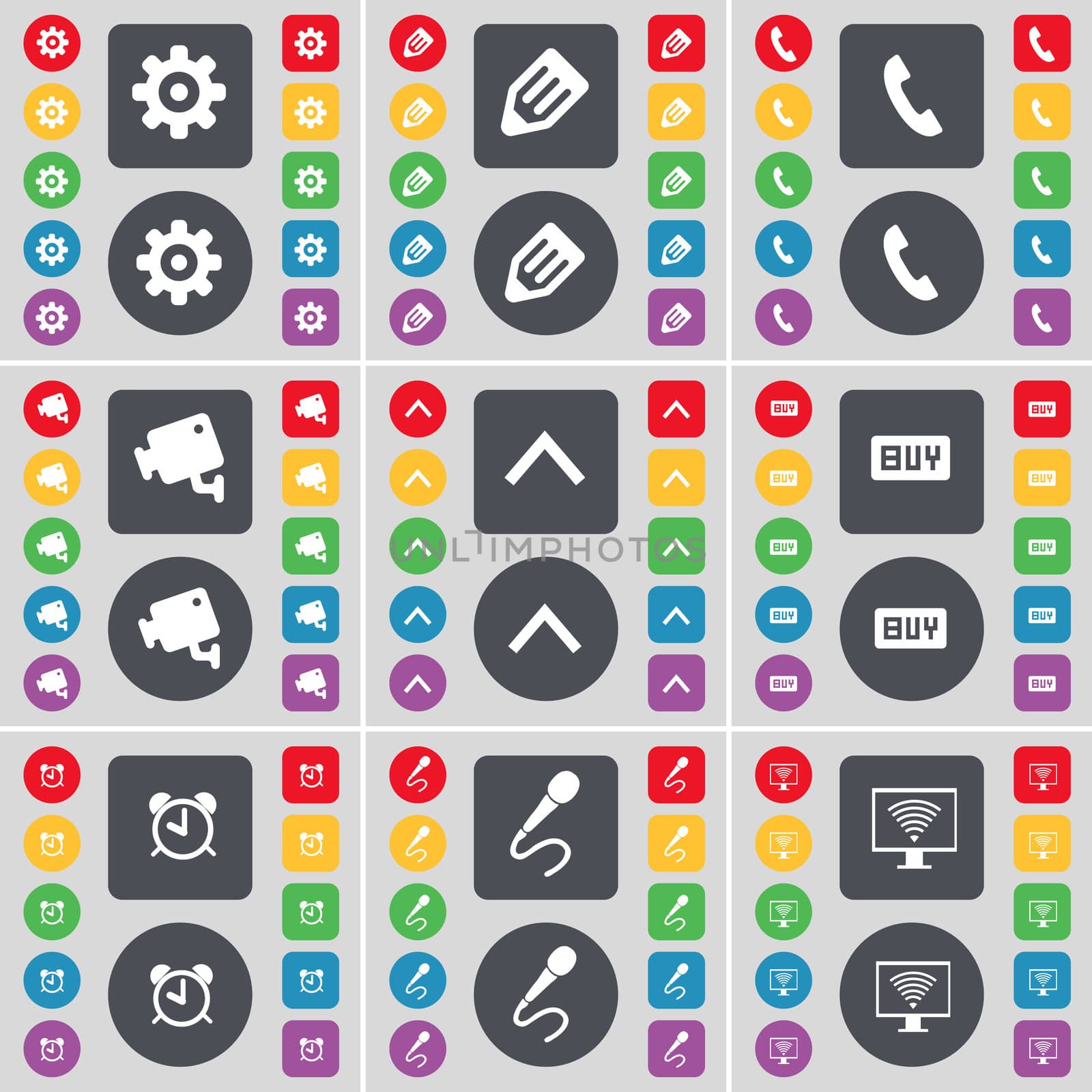 Gear, Pencil, Receiver, CCTV, Arrow up, Buy, Alarm clock, Microphone, Monitor icon symbol. A large set of flat, colored buttons for your design. illustration