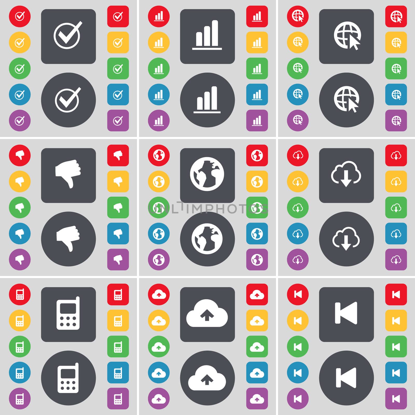 Tick, Diagram, Web cursor, Dislike, Earth, Cloud, Mobile phone, Cloud, Media skip icon symbol. A large set of flat, colored buttons for your design. illustration