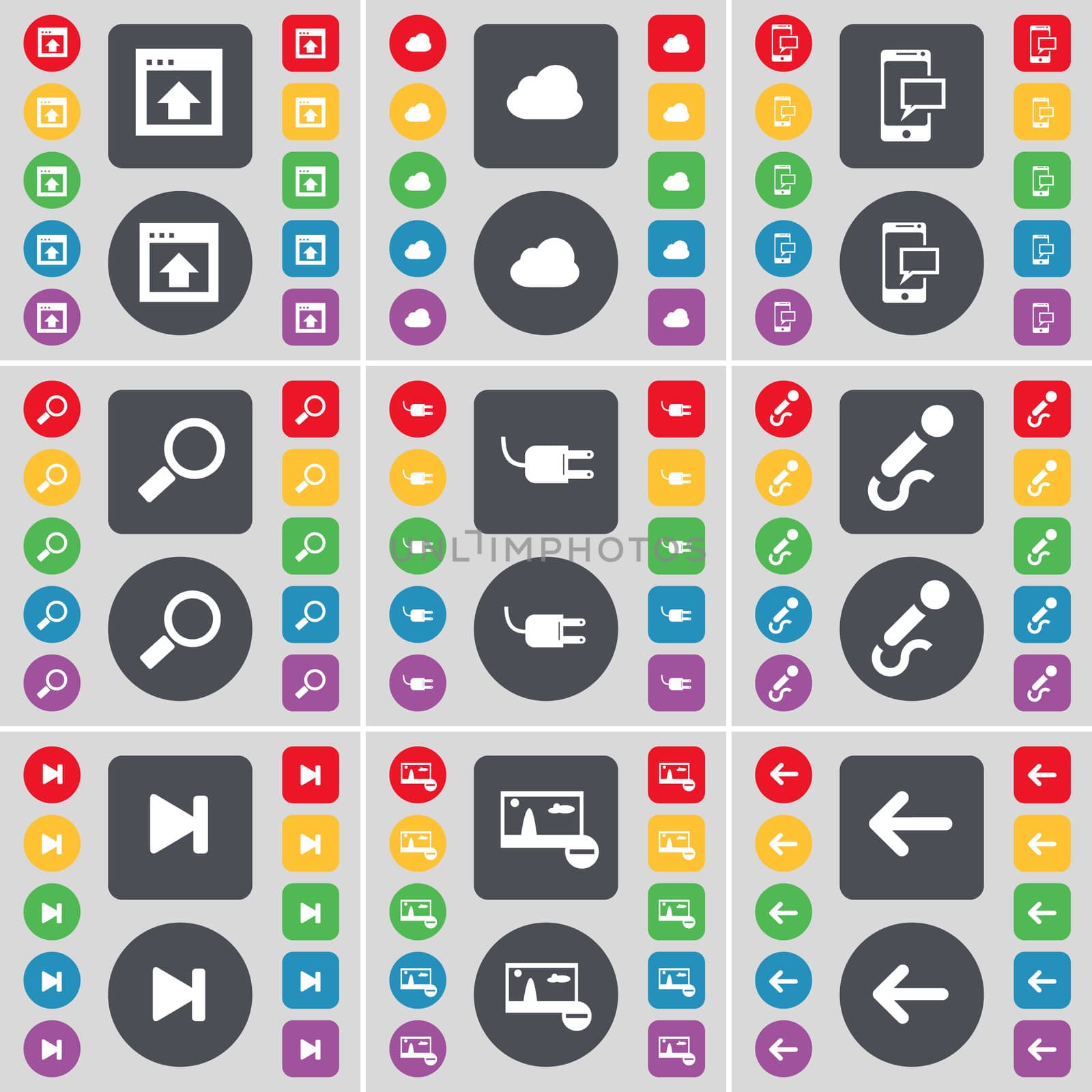 Window, Cloud, SMS, Magnifying glass, Socket, Microphone, Media skip, Picture, Arrow left icon symbol. A large set of flat, colored buttons for your design.  by serhii_lohvyniuk
