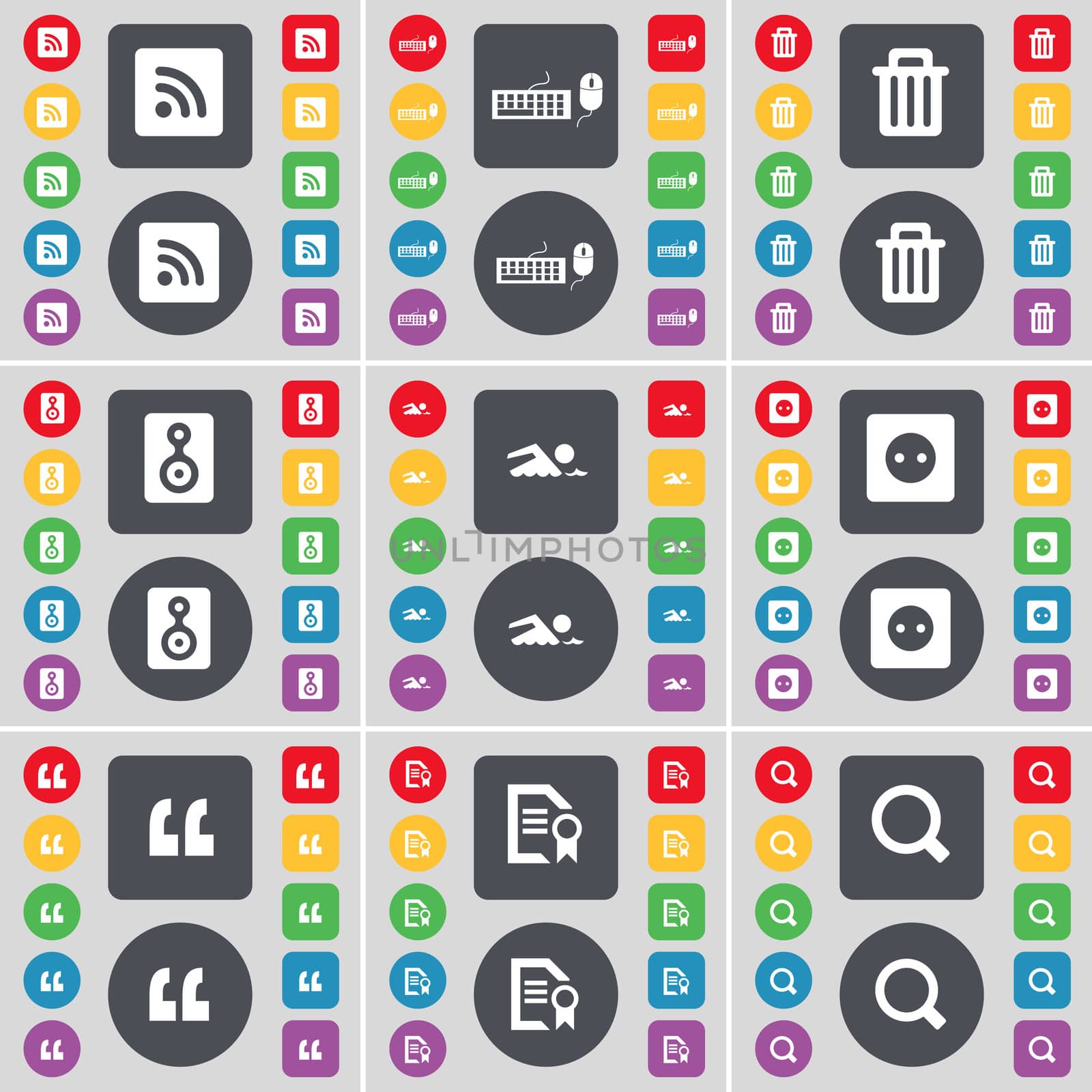 RSS, Keyboard, Trash can, Speaker, Swimmer, Socket, Question mark, Text file, Magnifying glass icon symbol. A large set of flat, colored buttons for your design. illustration