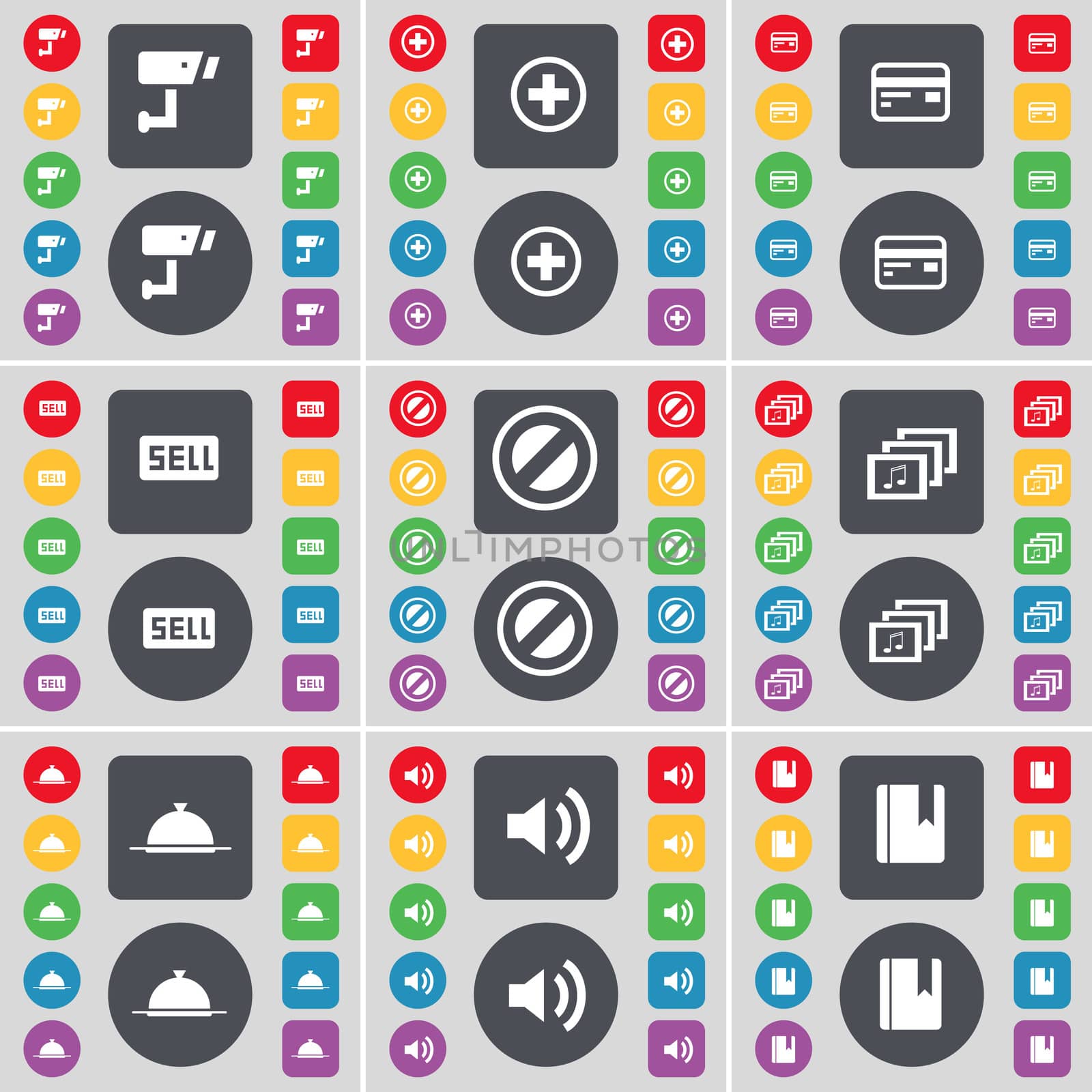 CCTV, Plus, Credit card, Sell, Stop, Gallery, Tray, Sound, Dictionary icon symbol. A large set of flat, colored buttons for your design. illustration