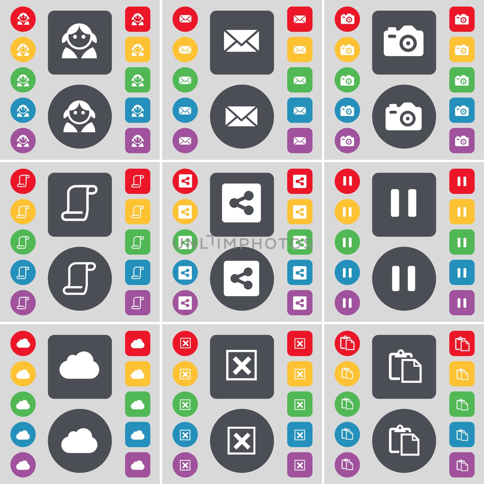 Avatar, Message, Camera, Scroll, Share, Pause, Cloud, Stop, Survey icon symbol. A large set of flat, colored buttons for your design.  by serhii_lohvyniuk