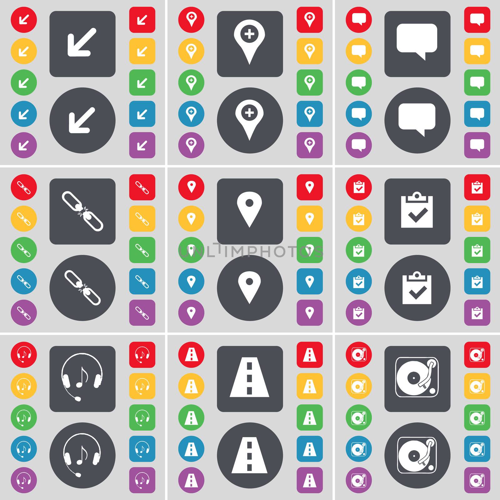 Deploying screen, Checkpoint, Chat bubble, Link, Survey, Headphones, Road, Gramophone icon symbol. A large set of flat, colored buttons for your design. illustration