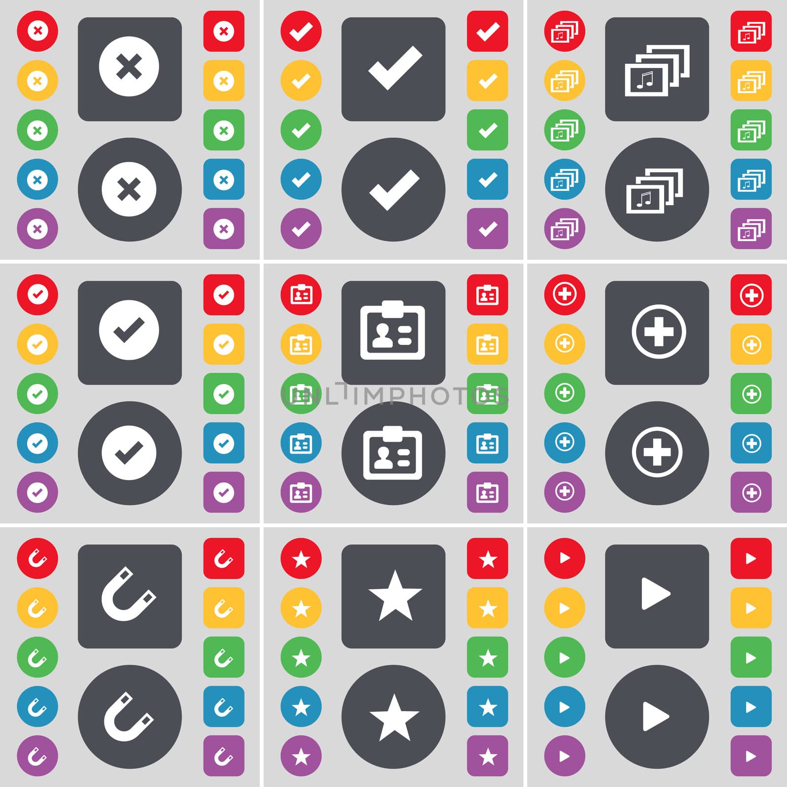 Stop, Tick, Gallery, Tick, Contact, Plus, Magnet, Star, Media play icon symbol. A large set of flat, colored buttons for your design.  by serhii_lohvyniuk