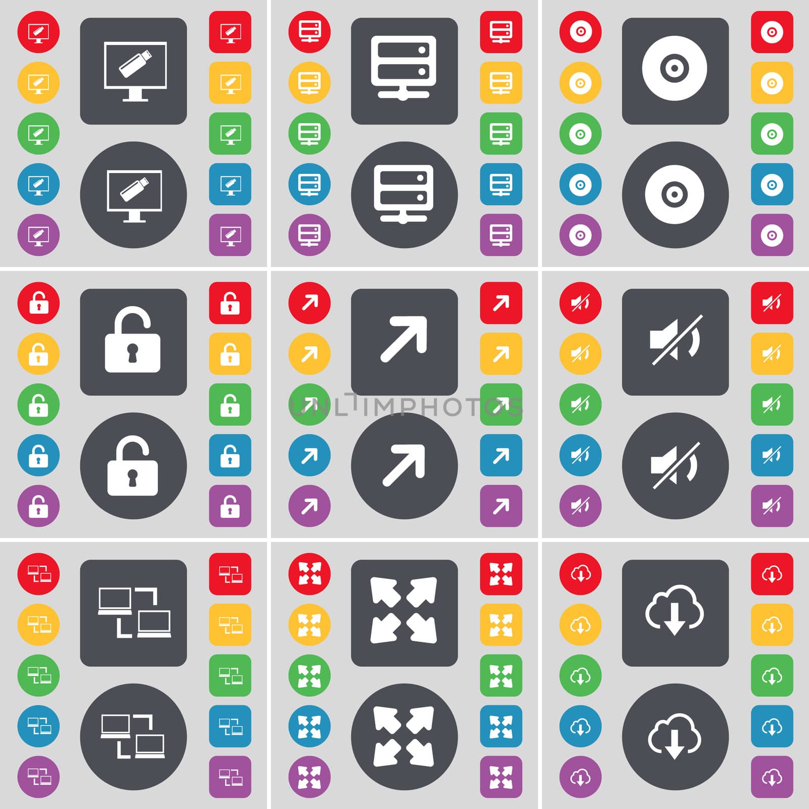 Monitor, Server, Disk, Lock, Full screen, Mute, Connection, Full screen, Cloud icon symbol. A large set of flat, colored buttons for your design. illustration