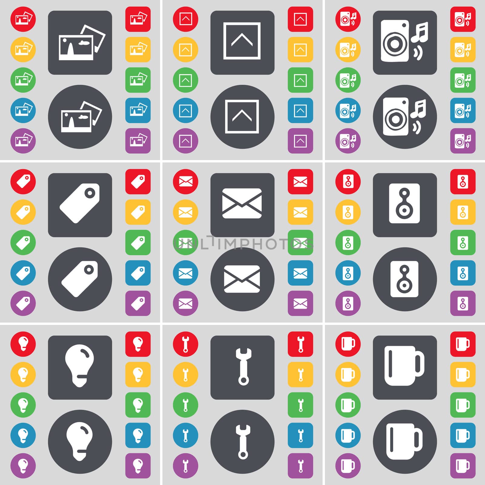 Picture, Arrow up, Speaker, Tag, Message, Speaker, Light bulb, Wrench, Cup icon symbol. A large set of flat, colored buttons for your design. illustration