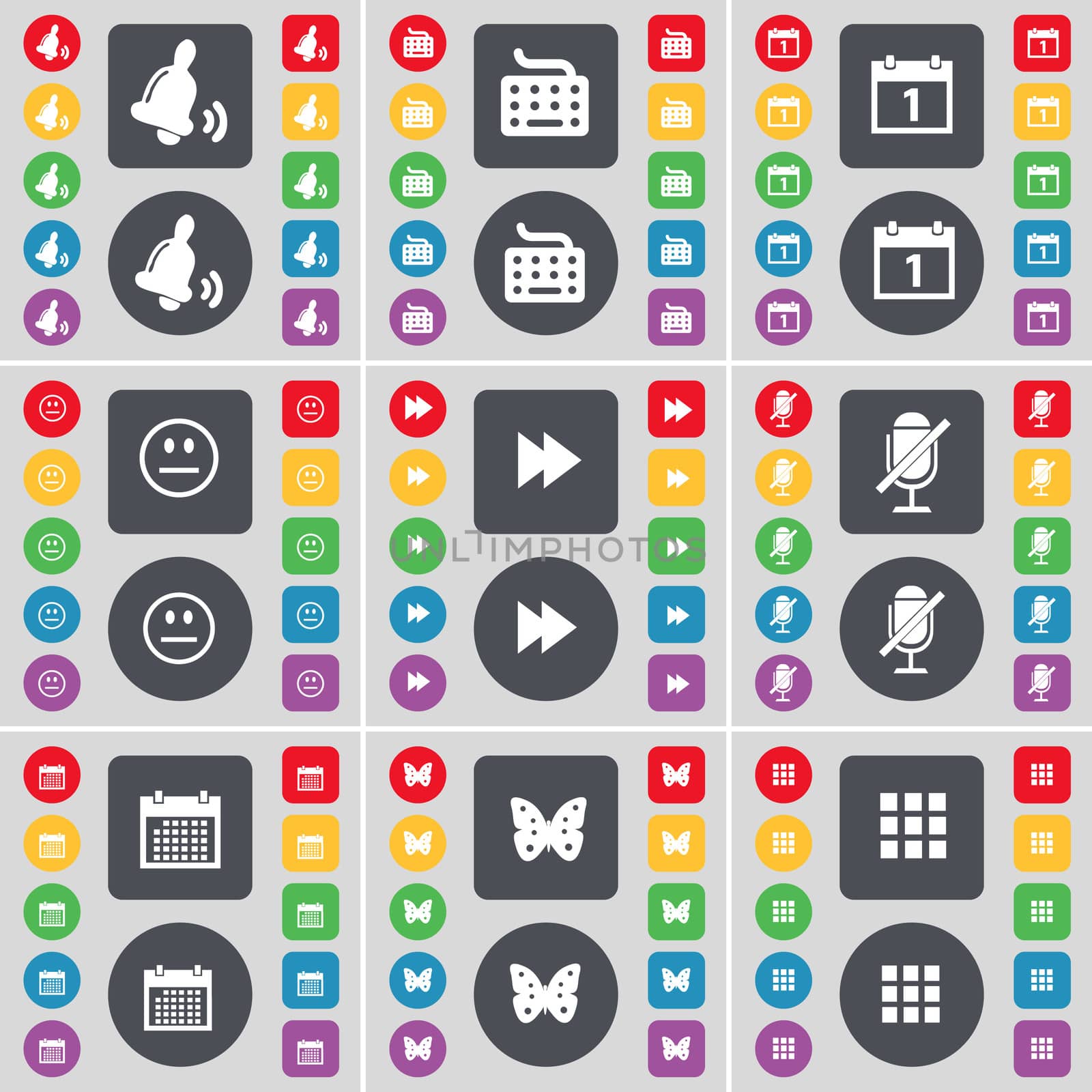Bell, Keyboard, Calendar, Smile, Rewind, Microphone, Calendar, Butterfly, Apps icon symbol. A large set of flat, colored buttons for your design.  by serhii_lohvyniuk