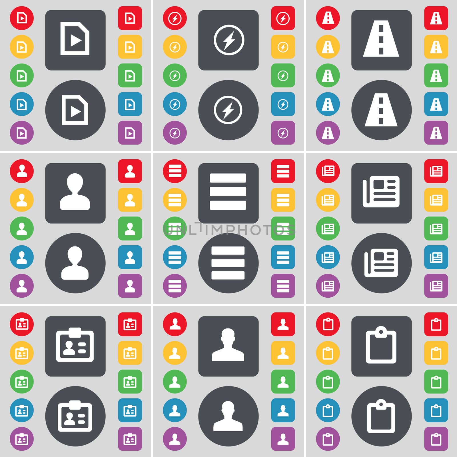 Media play, Flash, Road, Avatar, Apps, Newspaper, Contact, Avatar, Survey icon symbol. A large set of flat, colored buttons for your design. illustration