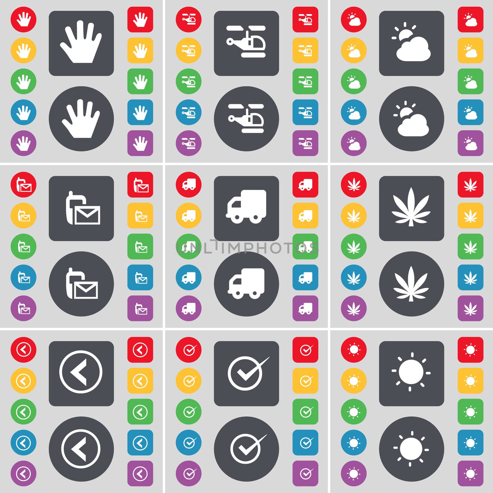 Hand, Helicopter, Cloud, SMS, Truck, Marijuana, Arrow left, Tick, Light icon symbol. A large set of flat, colored buttons for your design.  by serhii_lohvyniuk