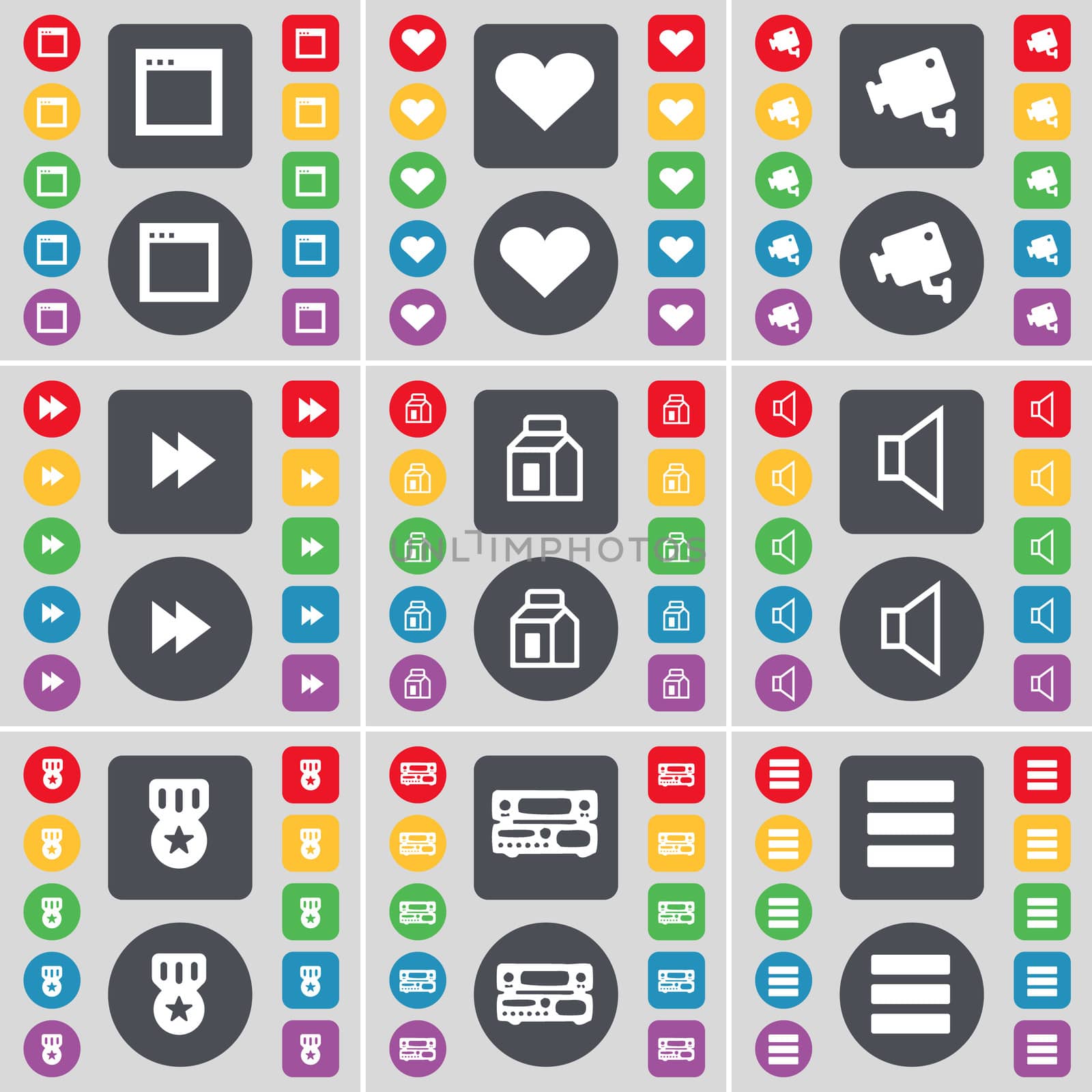 Window, Heart, CCTV, Rewind, Packing, Sound, Medal, Record-player, Apps icon symbol. A large set of flat, colored buttons for your design. illustration