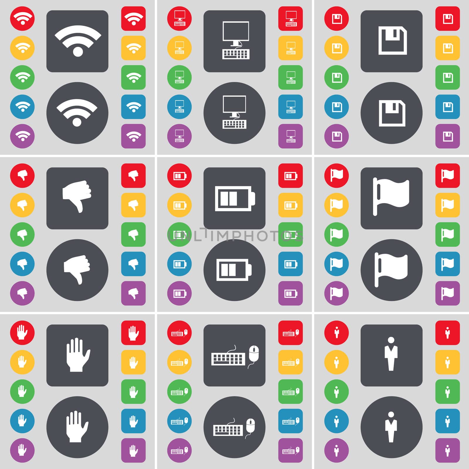Wi-Fi, PC, Floppy, Dislike, Battery, Flag, Hand, Keyboard, Silhouette icon symbol. A large set of flat, colored buttons for your design.  by serhii_lohvyniuk