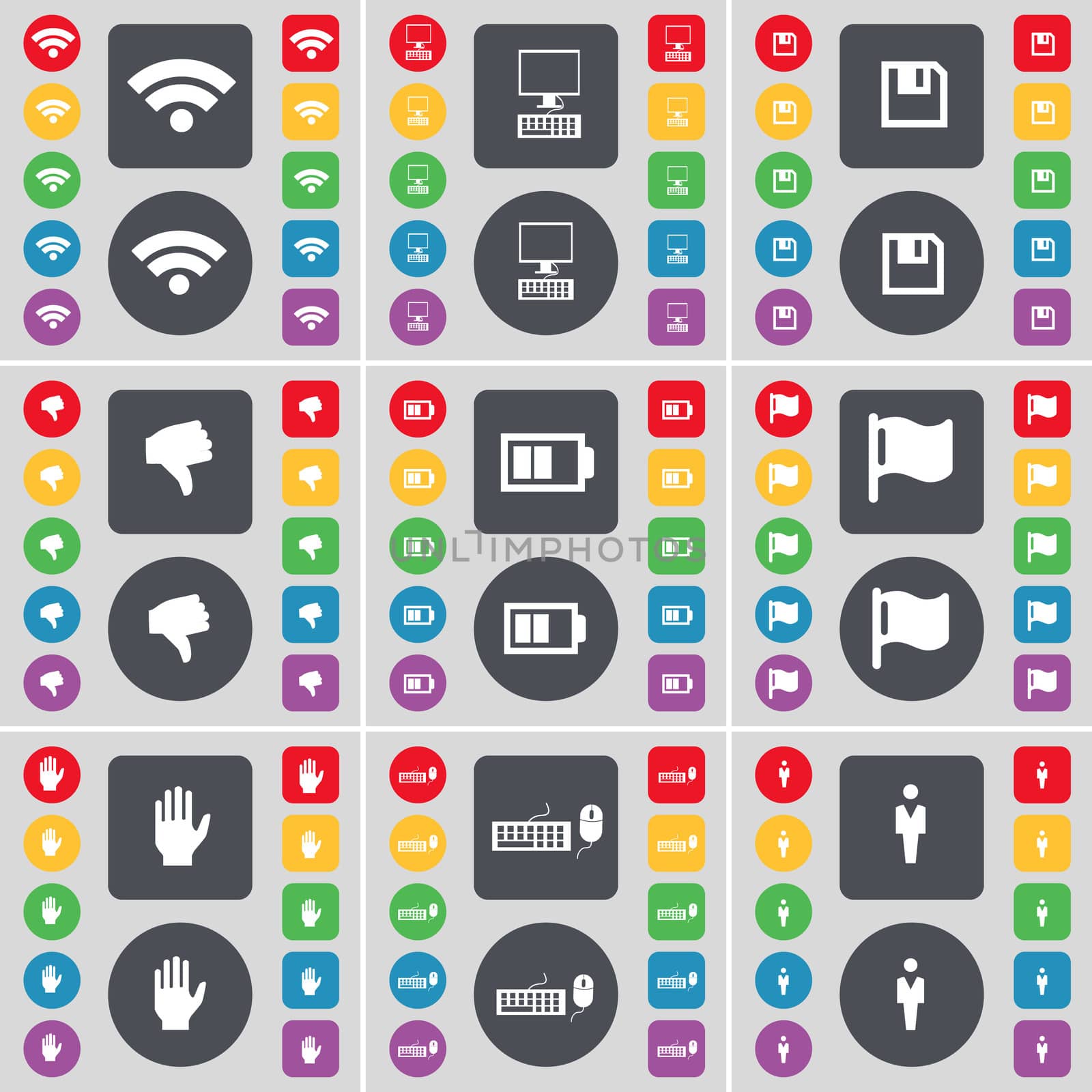 Wi-Fi, PC, Floppy, Dislike, Battery, Flag, Hand, Keyboard, Silhouette icon symbol. A large set of flat, colored buttons for your design. illustration