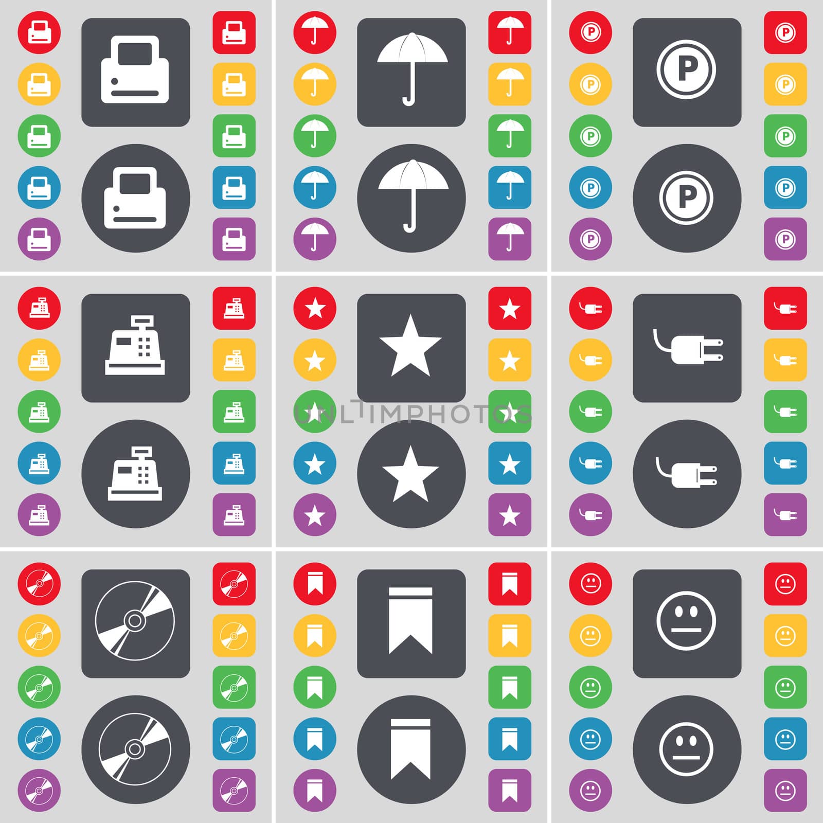 Printer, Umbrella, Parking, Cash register, Star, Socket, Disk, Marker, Smile icon symbol. A large set of flat, colored buttons for your design. illustration