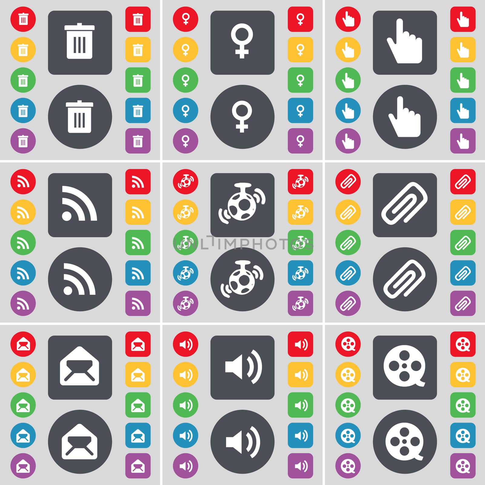 Trash can, Venus symbol, Hand, RSS, Speaker, Clip, Message, Sound, Videotape icon symbol. A large set of flat, colored buttons for your design. illustration