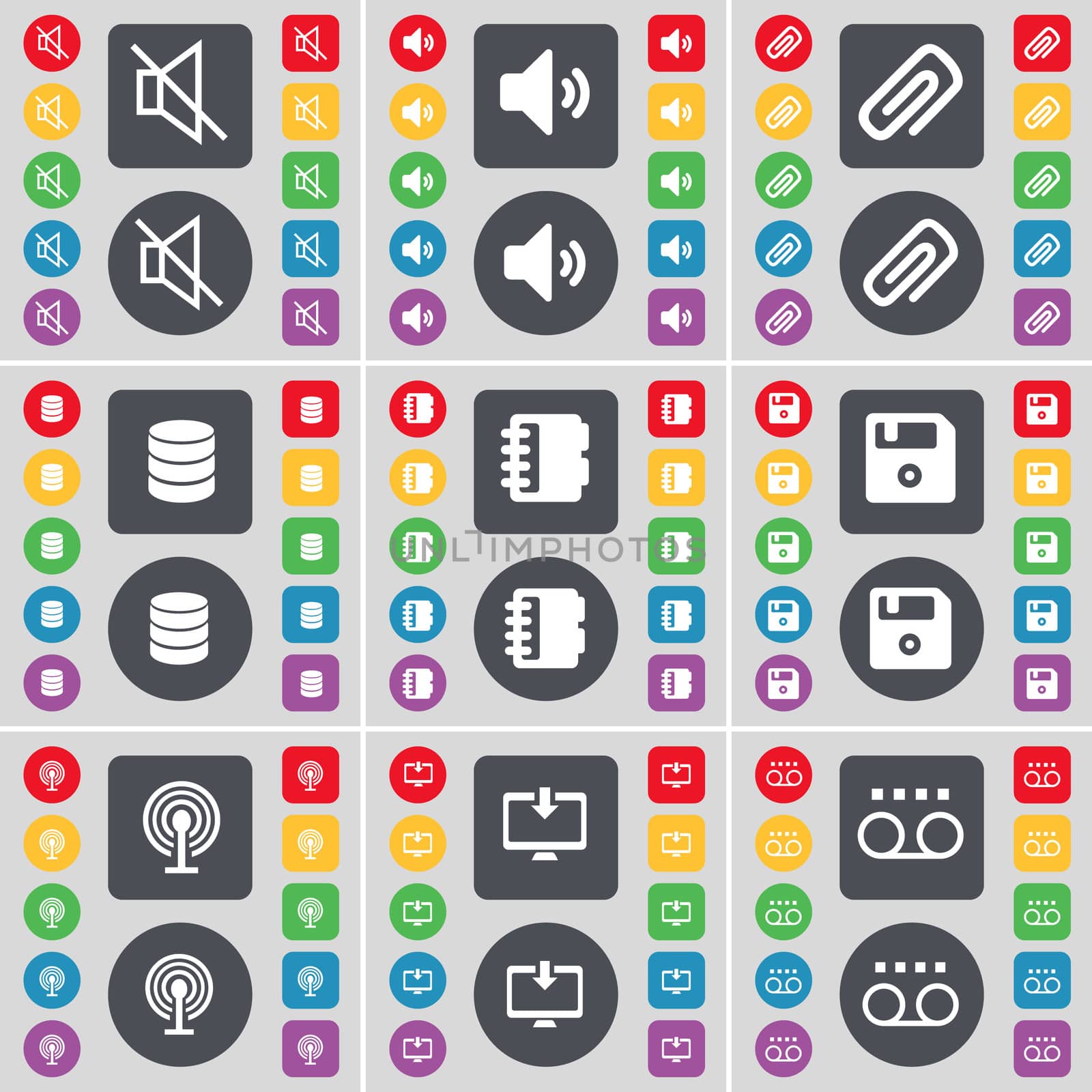Mute, Sound, Clip, Database, Notebook, Floppy, Wi-Fi, Monitor, Cassette icon symbol. A large set of flat, colored buttons for your design.  by serhii_lohvyniuk