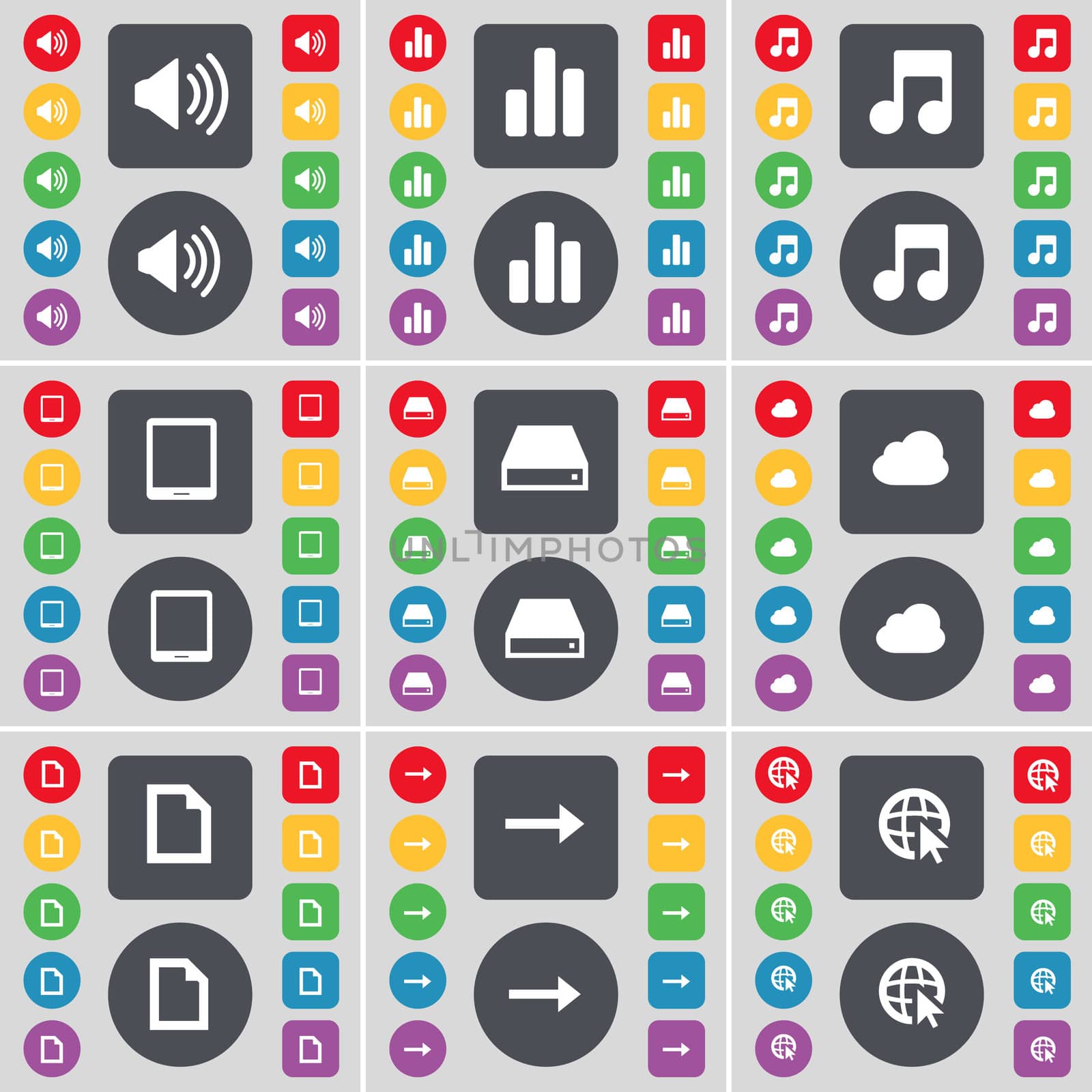 Sound, Diagram, Note, Tablet PC, Hard drive, Cloud, File, Arrow right, Web cursor icon symbol. A large set of flat, colored buttons for your design. illustration