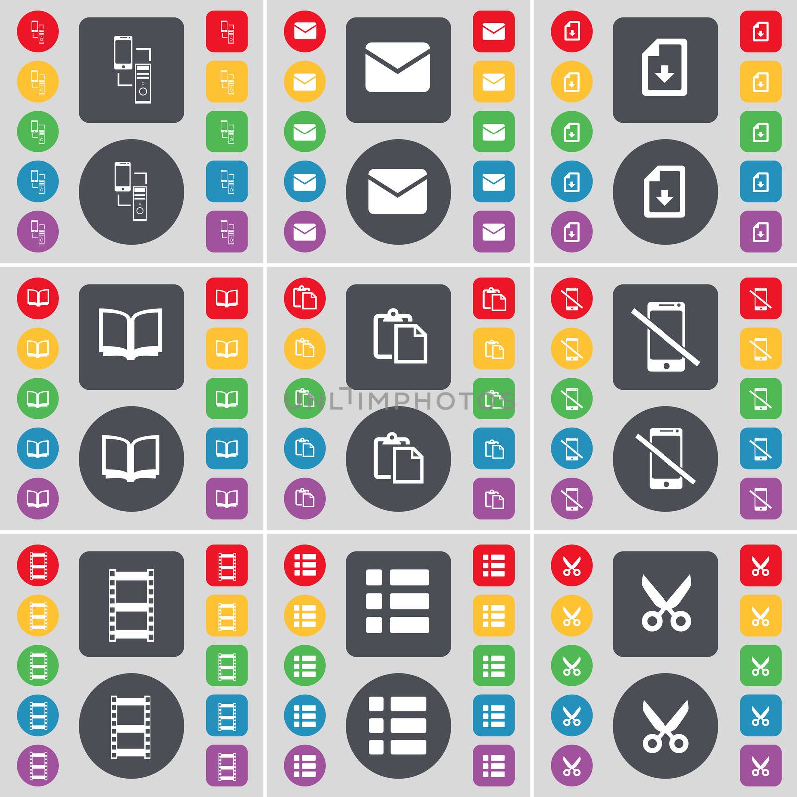Connection, Message, Download file, Book, Survey, Smartphone, Negative films, List, Scissors icon symbol. A large set of flat, colored buttons for your design. illustration