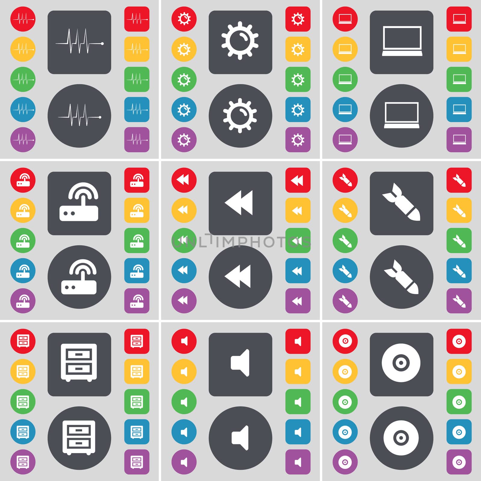 Pulse, Gear, Laptop, Router, Rewind, Rocket, Bed-table, Sound, Disk icon symbol. A large set of flat, colored buttons for your design. illustration