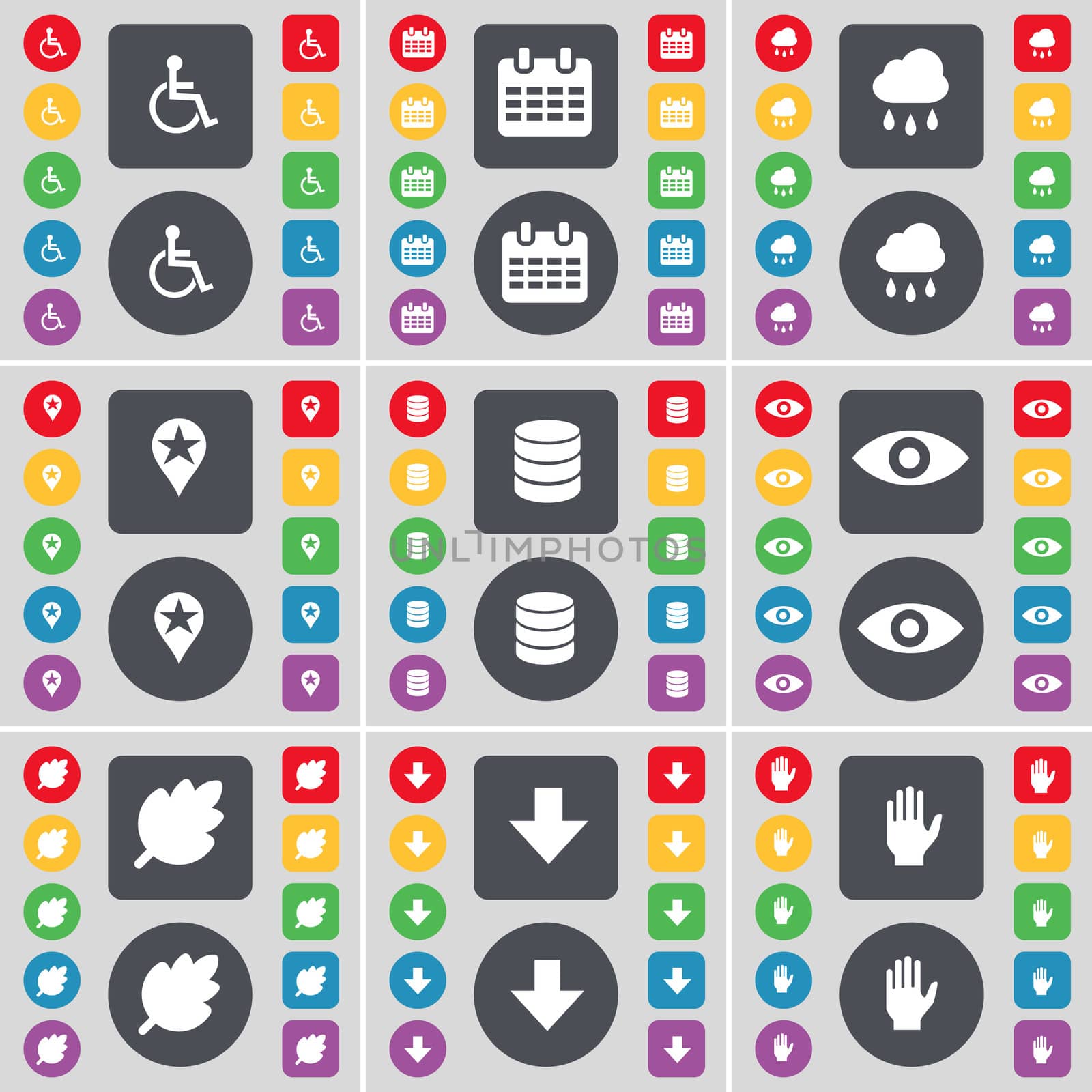 Disabled person, Calendar, Cloud, Checkpoint, Database, Vision, Leaf, Arrow down, Hand icon symbol. A large set of flat, colored buttons for your design. illustration