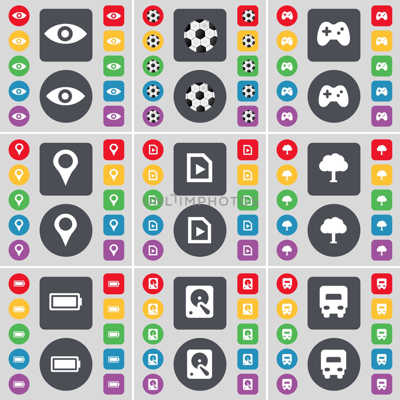 Vision, Ball, Gamepad, Checkpoint, Media file, Tree, Battery, Hard drive, Truck icon symbol. A large set of flat, colored buttons for your design.  by serhii_lohvyniuk