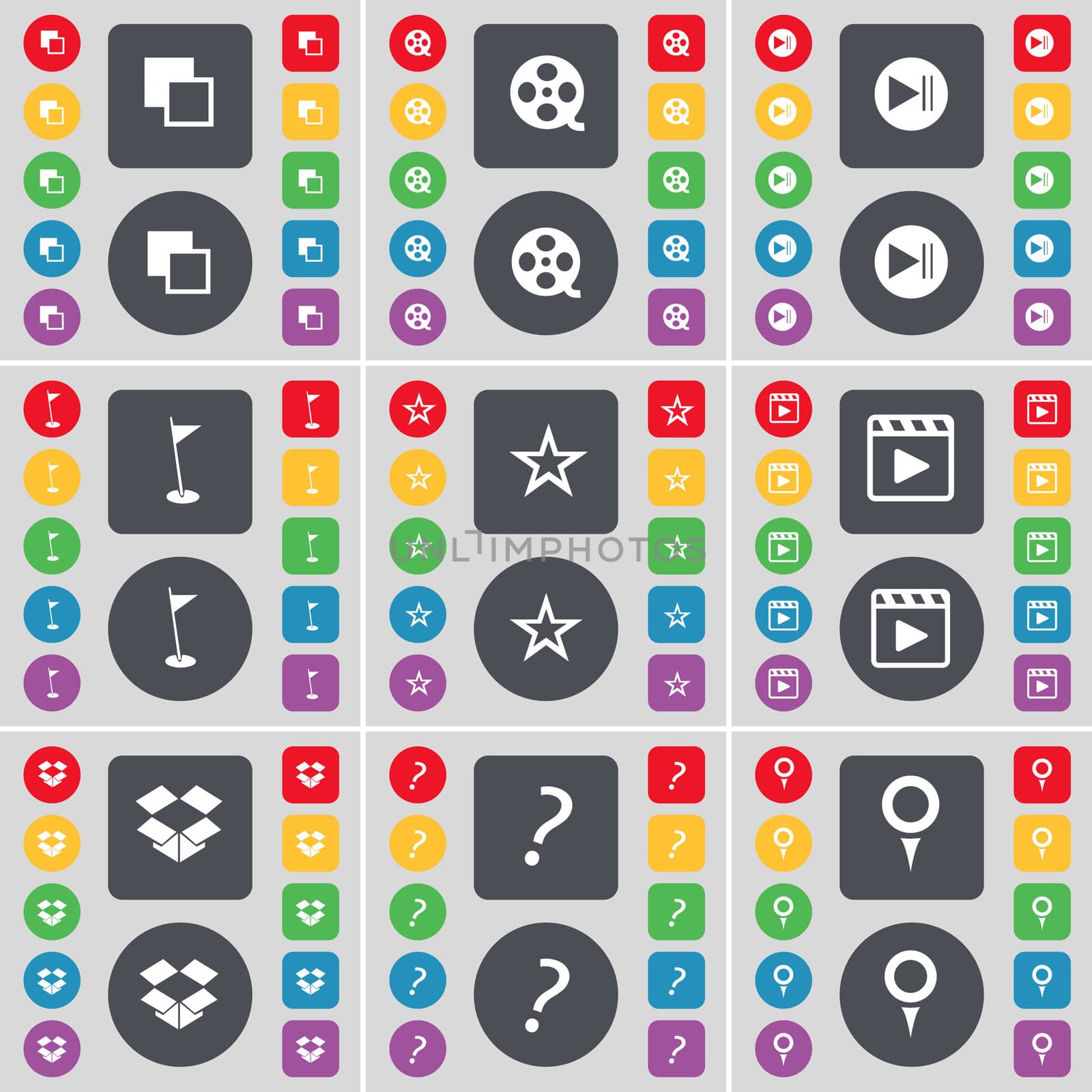 Copy, Videotape, Media skip, Golf hole, Star, Media player, Dropbox, Question mark, Checkpoint icon symbol. A large set of flat, colored buttons for your design.  by serhii_lohvyniuk