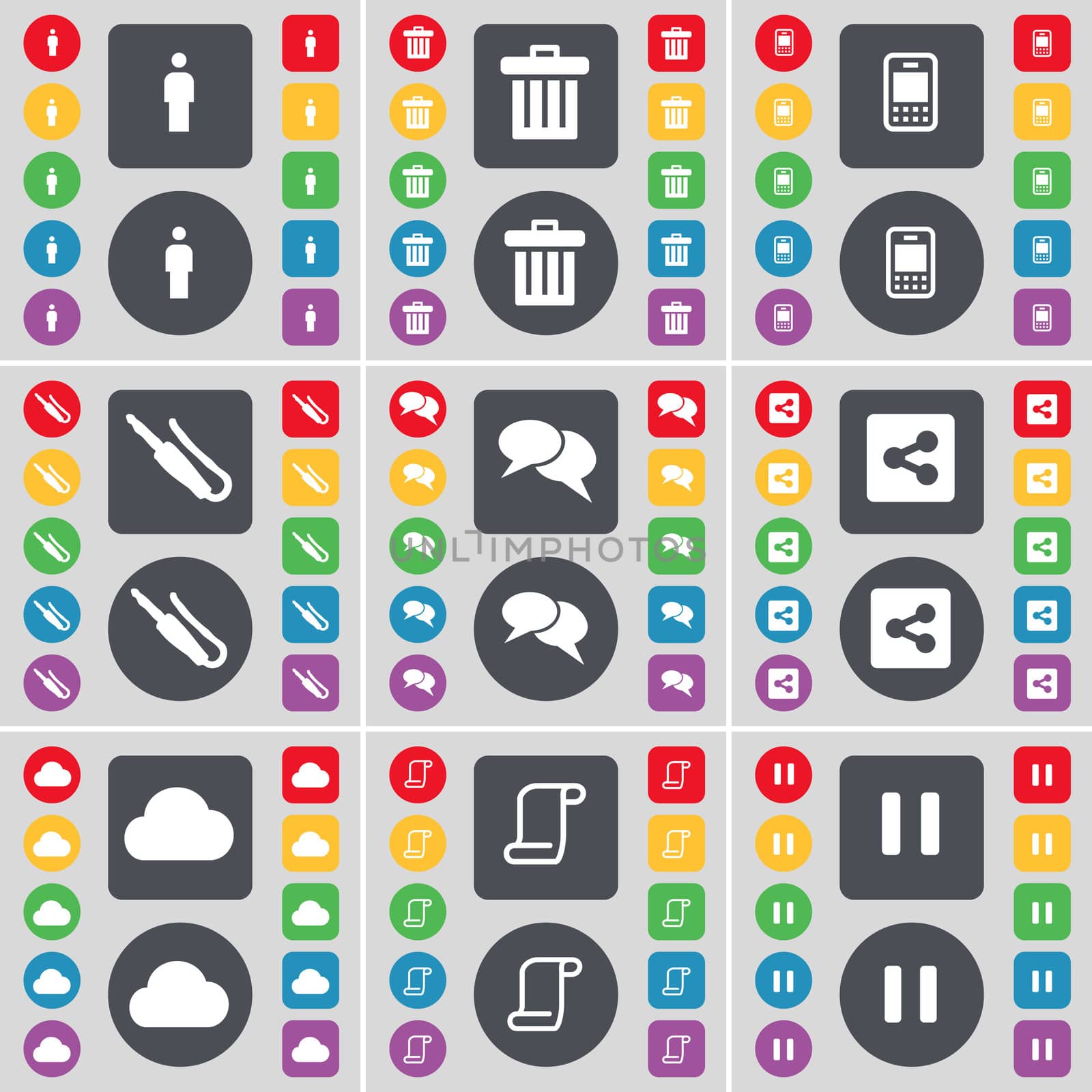Silhouette, Trash can, Mobile phone, Microphone connector, Chat, Share, Cloud, Scroll, Pause icon symbol. A large set of flat, colored buttons for your design.  by serhii_lohvyniuk