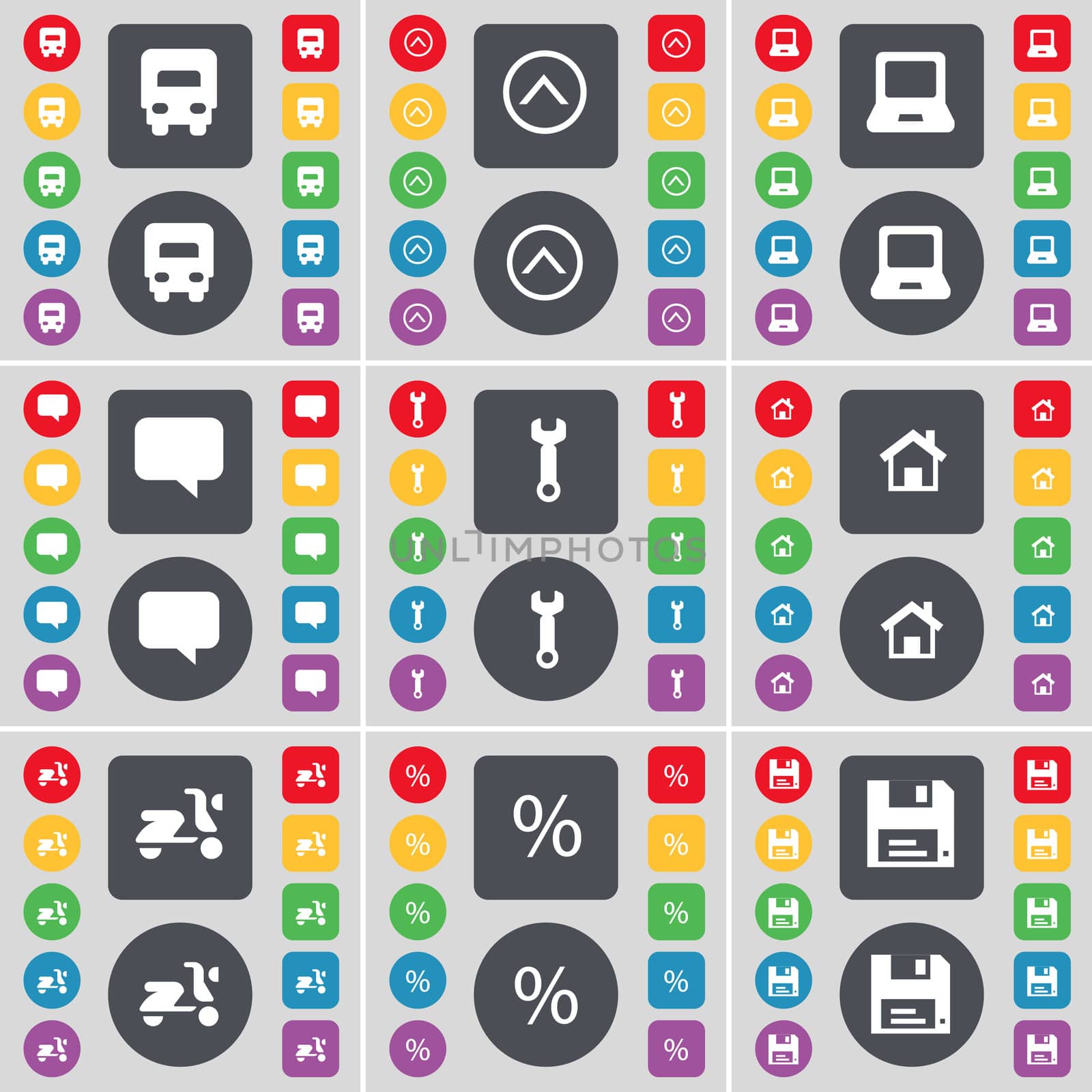 Truck, Arrow up, Laptop, Chat bubble, Wrench, House, Scooter, Percent, Floppy icon symbol. A large set of flat, colored buttons for your design.  by serhii_lohvyniuk