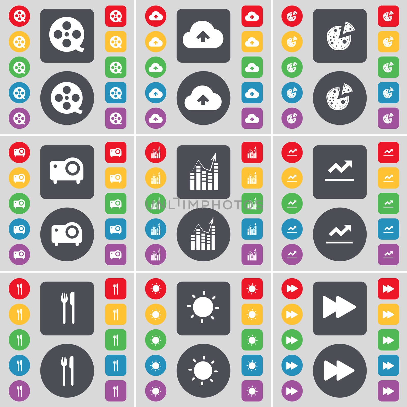 Videotape, Cloud, Pizza, Camera, Graph, Fork and knife, Light, Rewind icon symbol. A large set of flat, colored buttons for your design. illustration