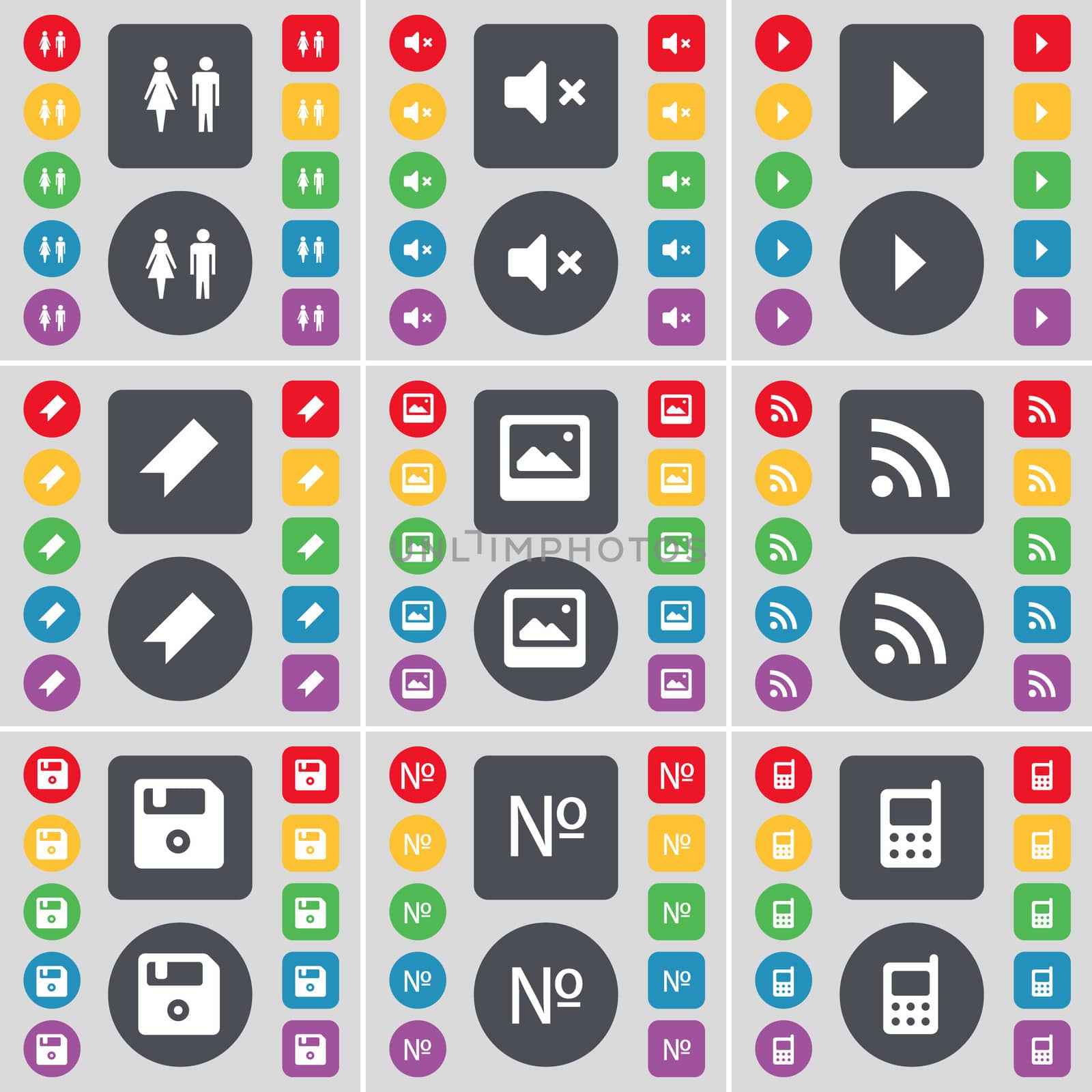 Silhouette, Mute, Media play, Marker, Window, RSS, Floppy, Number, Mobile phone icon symbol. A large set of flat, colored buttons for your design.  by serhii_lohvyniuk