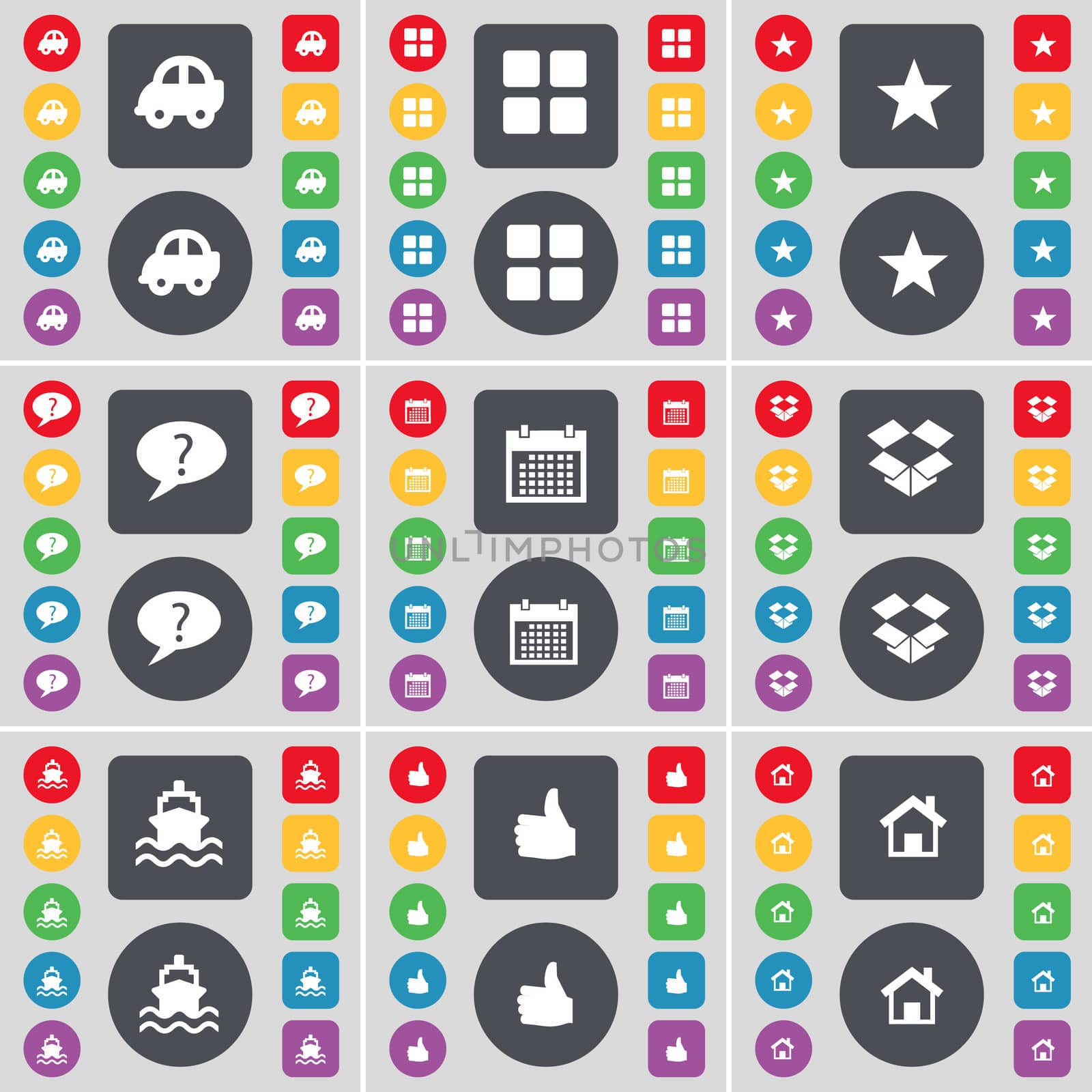 Car, Apps, Star, Chat bubble, Calendar, Dropbox, Ship, Like, House icon symbol. A large set of flat, colored buttons for your design.  by serhii_lohvyniuk