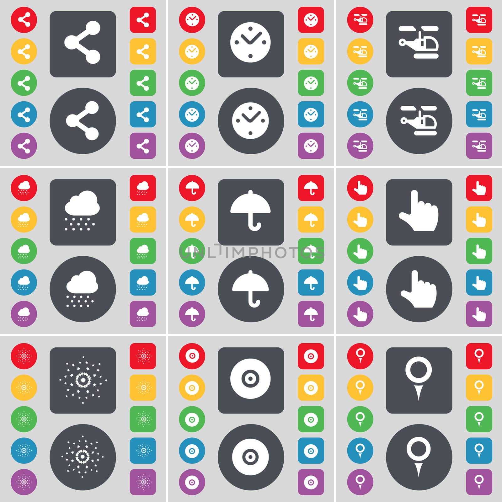 Share, Clock, Helicopter, Cloud, Umbrella, Hand, Star, Disk, Checkpoint icon symbol. A large set of flat, colored buttons for your design.  by serhii_lohvyniuk