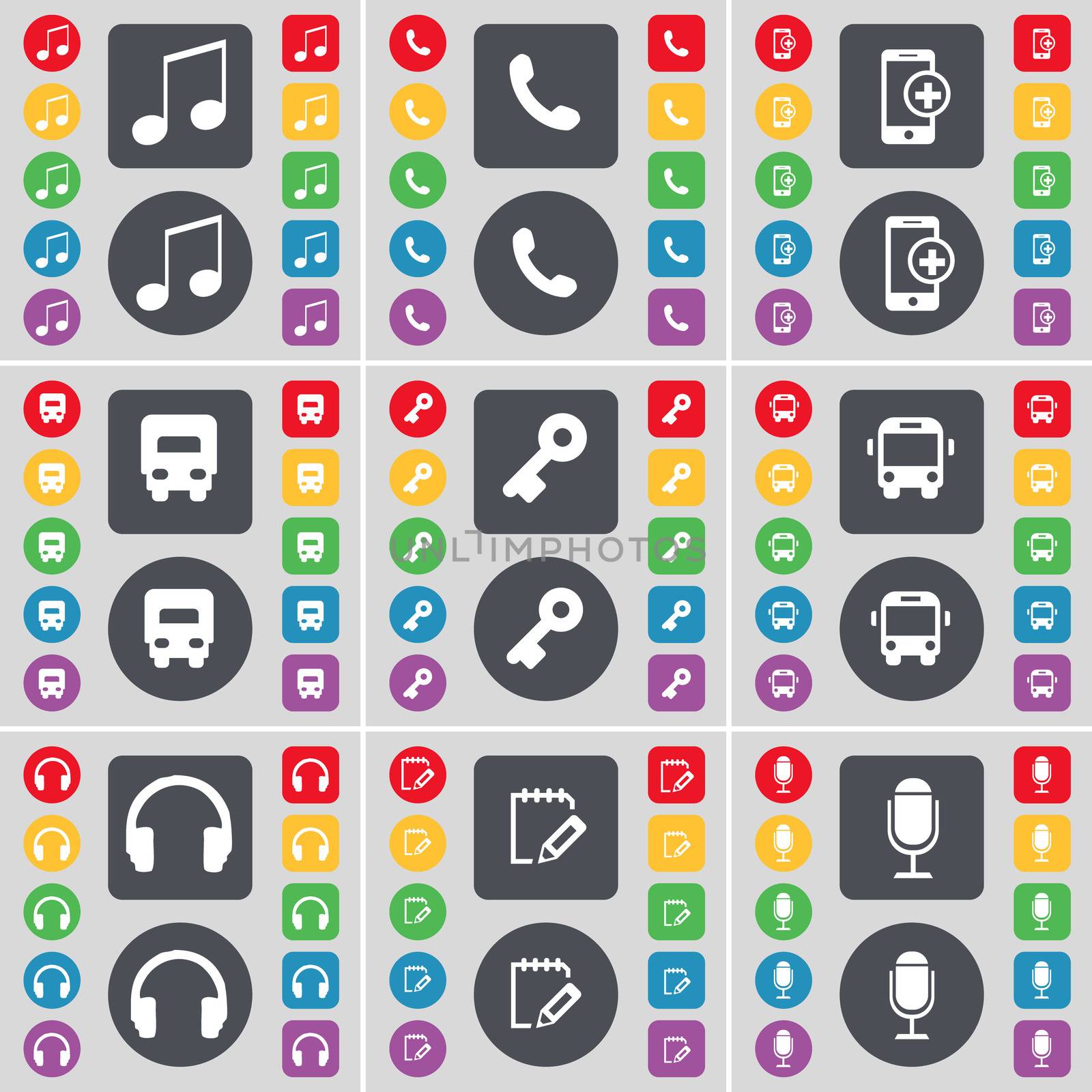 Note, Receiver, Smartphone, Truck, Key, Bus, Headphones, Survey, Microphone icon symbol. A large set of flat, colored buttons for your design.  by serhii_lohvyniuk