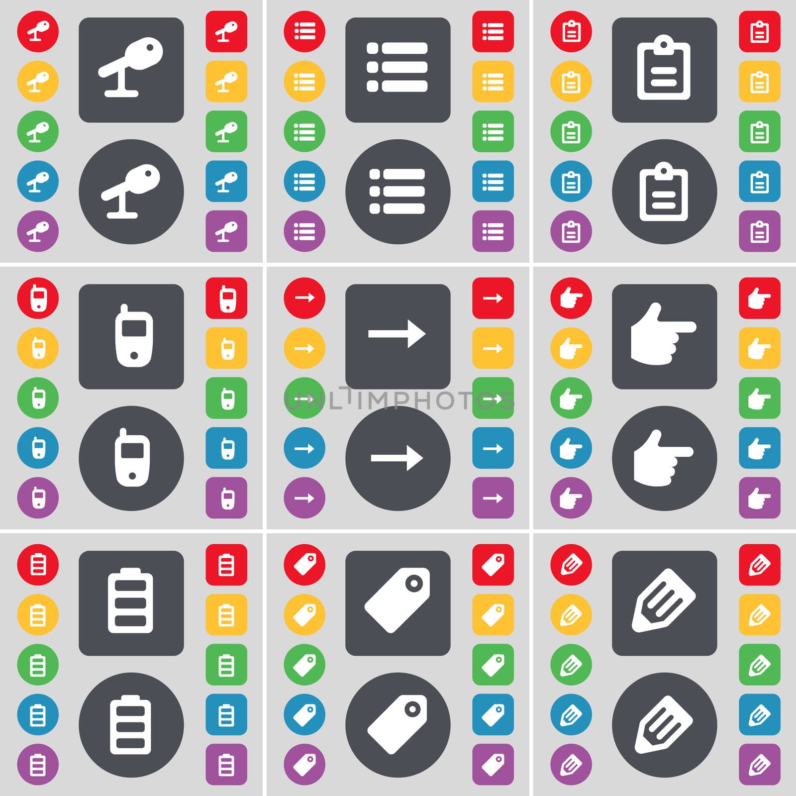 Microphone, List, Survey, Mobile phone, Arrow right, Hand, Battery, Tag, Pencil icon symbol. A large set of flat, colored buttons for your design. illustration